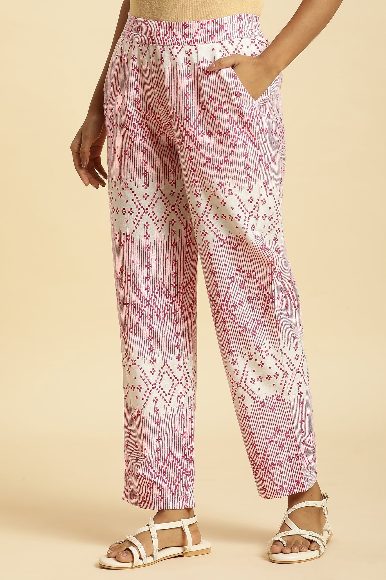 W for Woman White Straight Pants With Pink Geometric Print  Grab2Buy WforWoman Grab2Buy