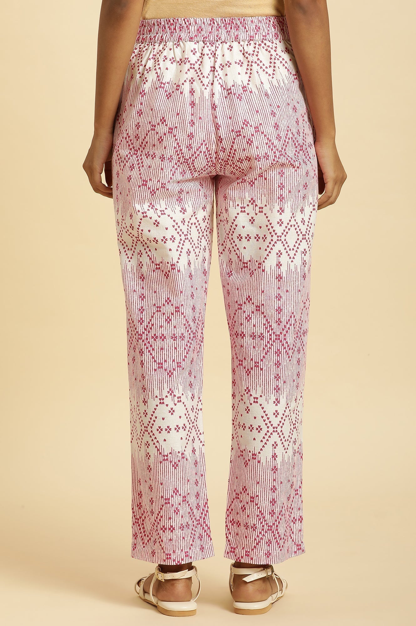 W for Woman White Straight Pants With Pink Geometric Print  Grab2Buy WforWoman Grab2Buy