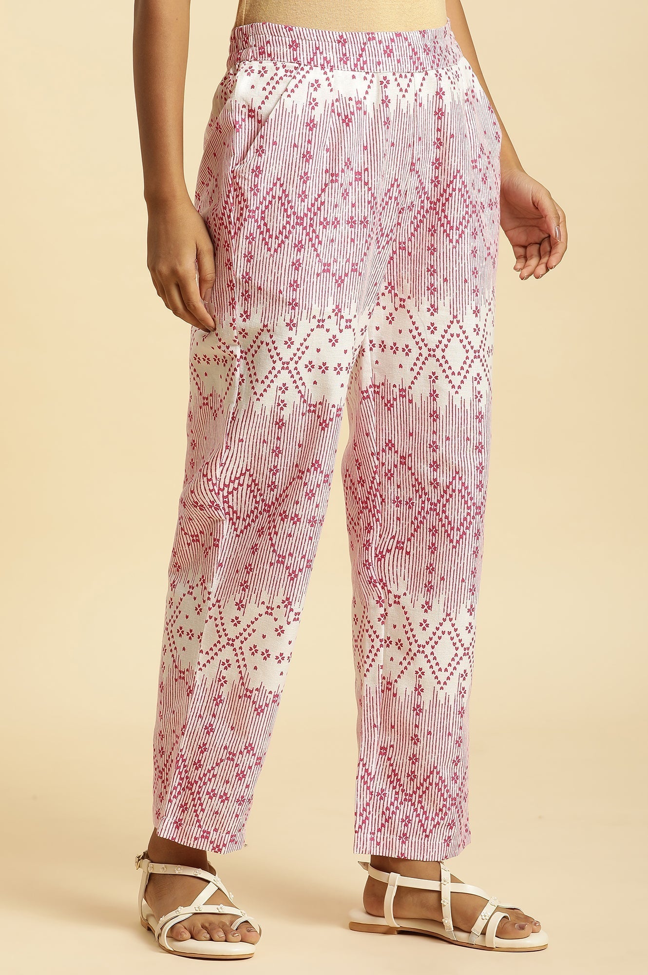 W for Woman White Straight Pants With Pink Geometric Print  Grab2Buy WforWoman Grab2Buy