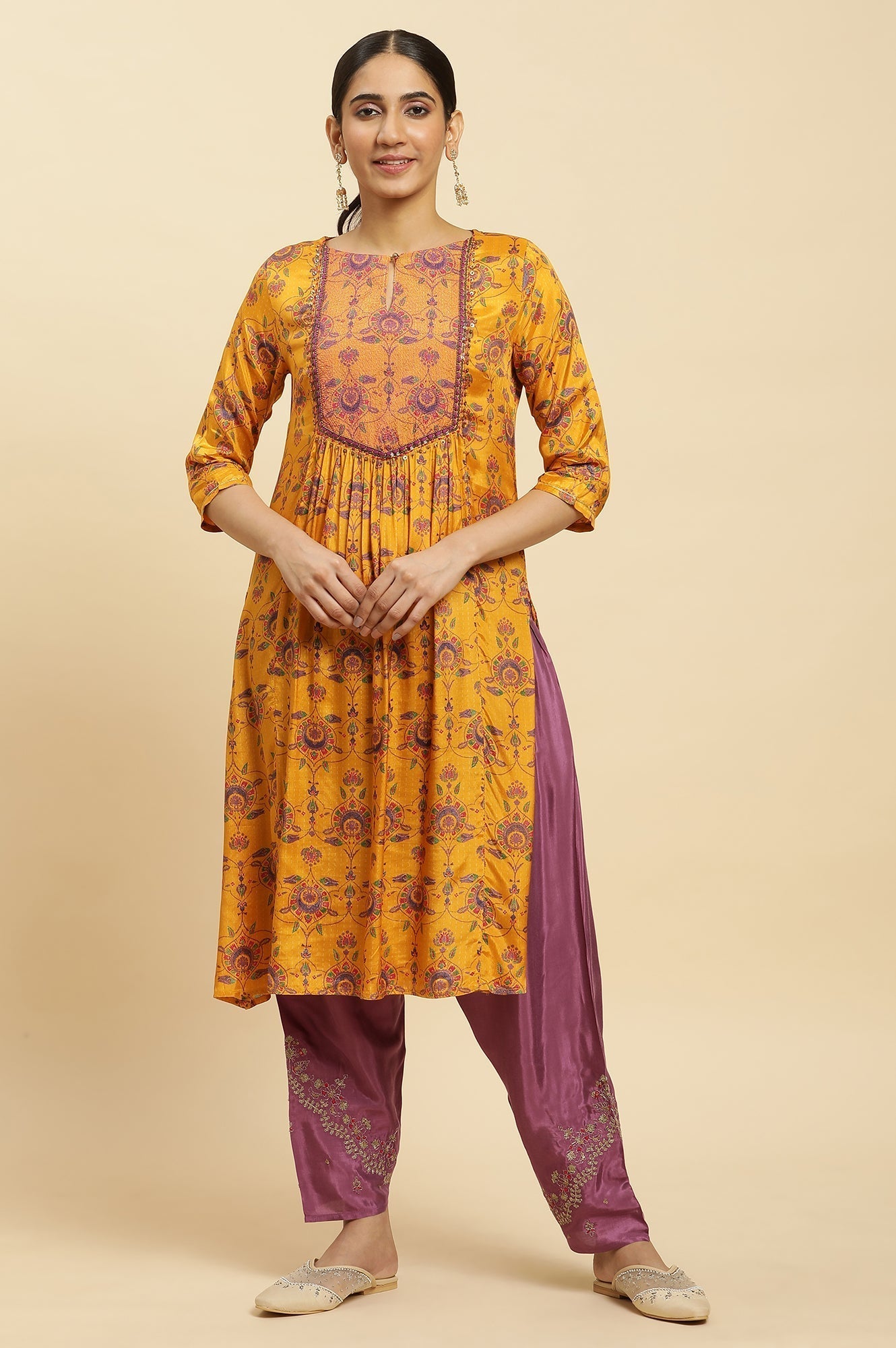 W for Woman Purple Pleated Shantung Salwar