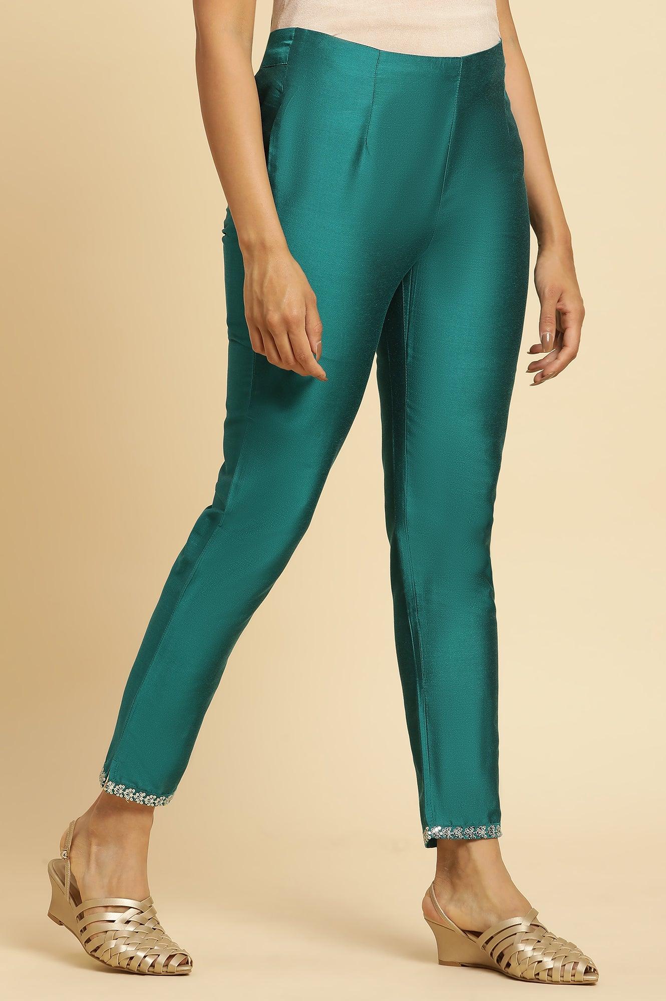 W for Woman Teal Blue Slim Pant With Embroidered Hemline
