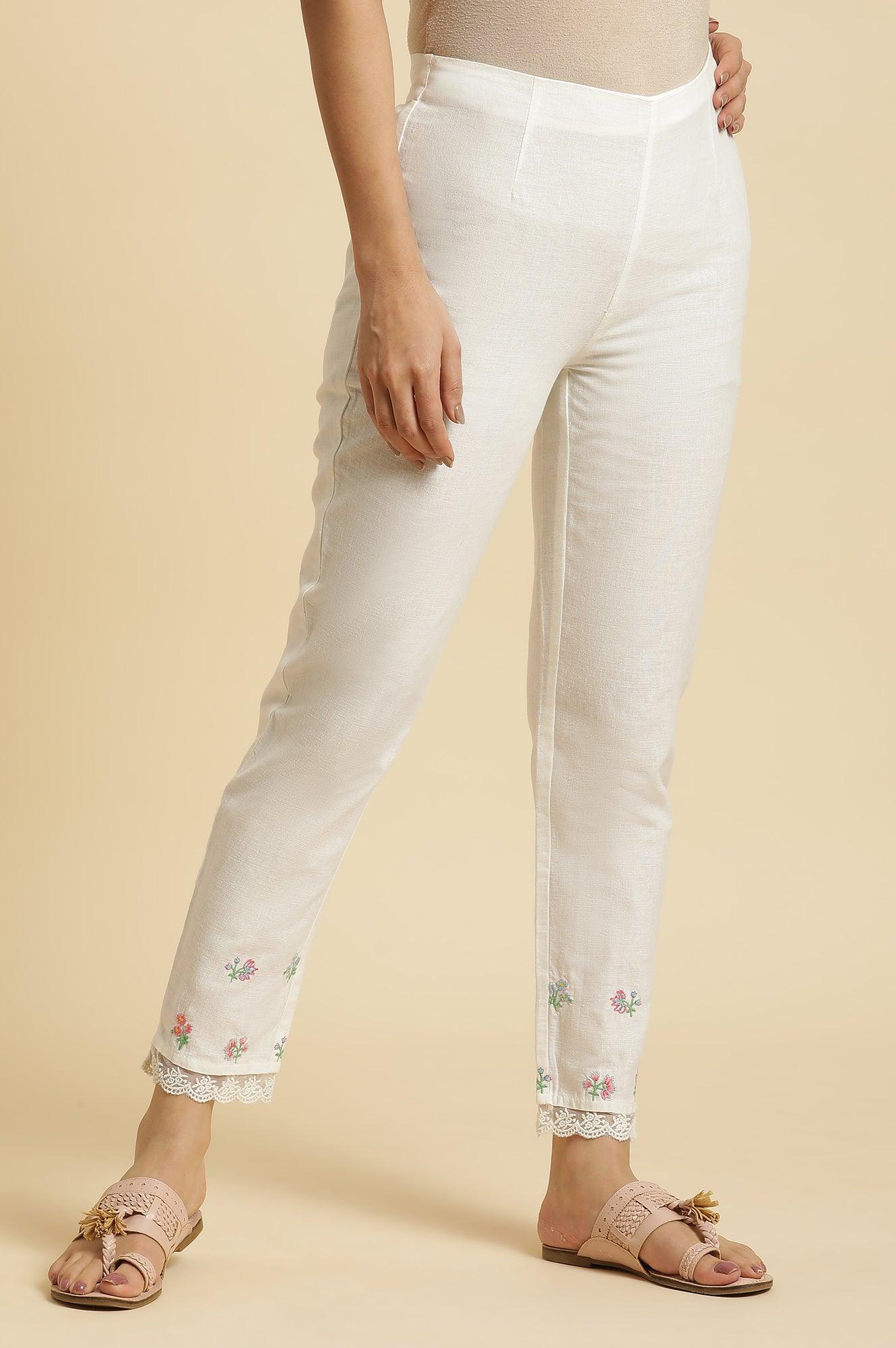 W for Woman Ecru Slim Pants with Multi-Coloured Floral Embroidery