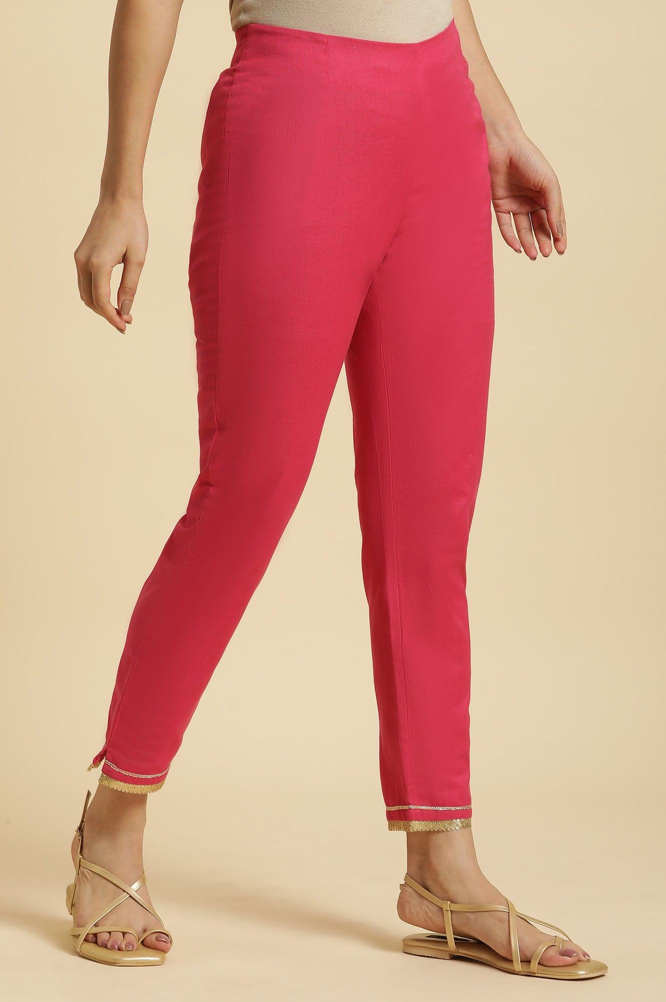 W for Woman Pink Solid Pants with Gota Trim at Hem