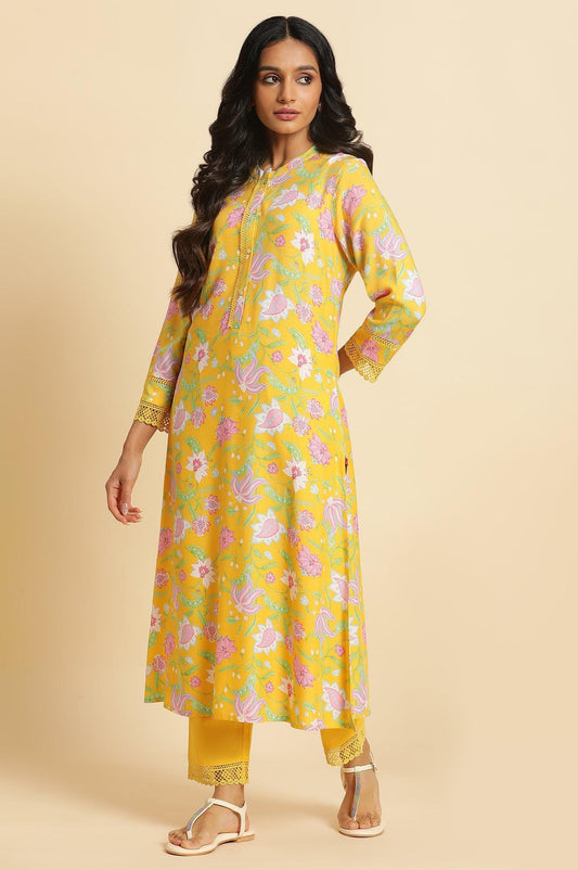W for Woman Bright Yellow Floral Printed Kurta & Pants Set