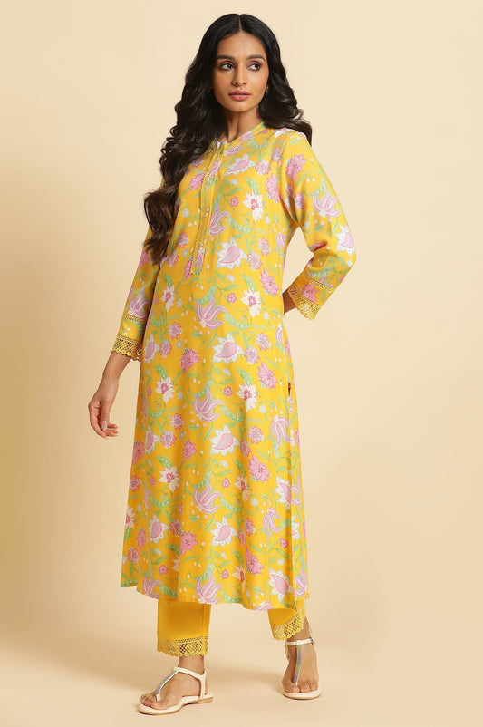 W for Woman Bright Yellow Floral Printed Kurta & Pants Set