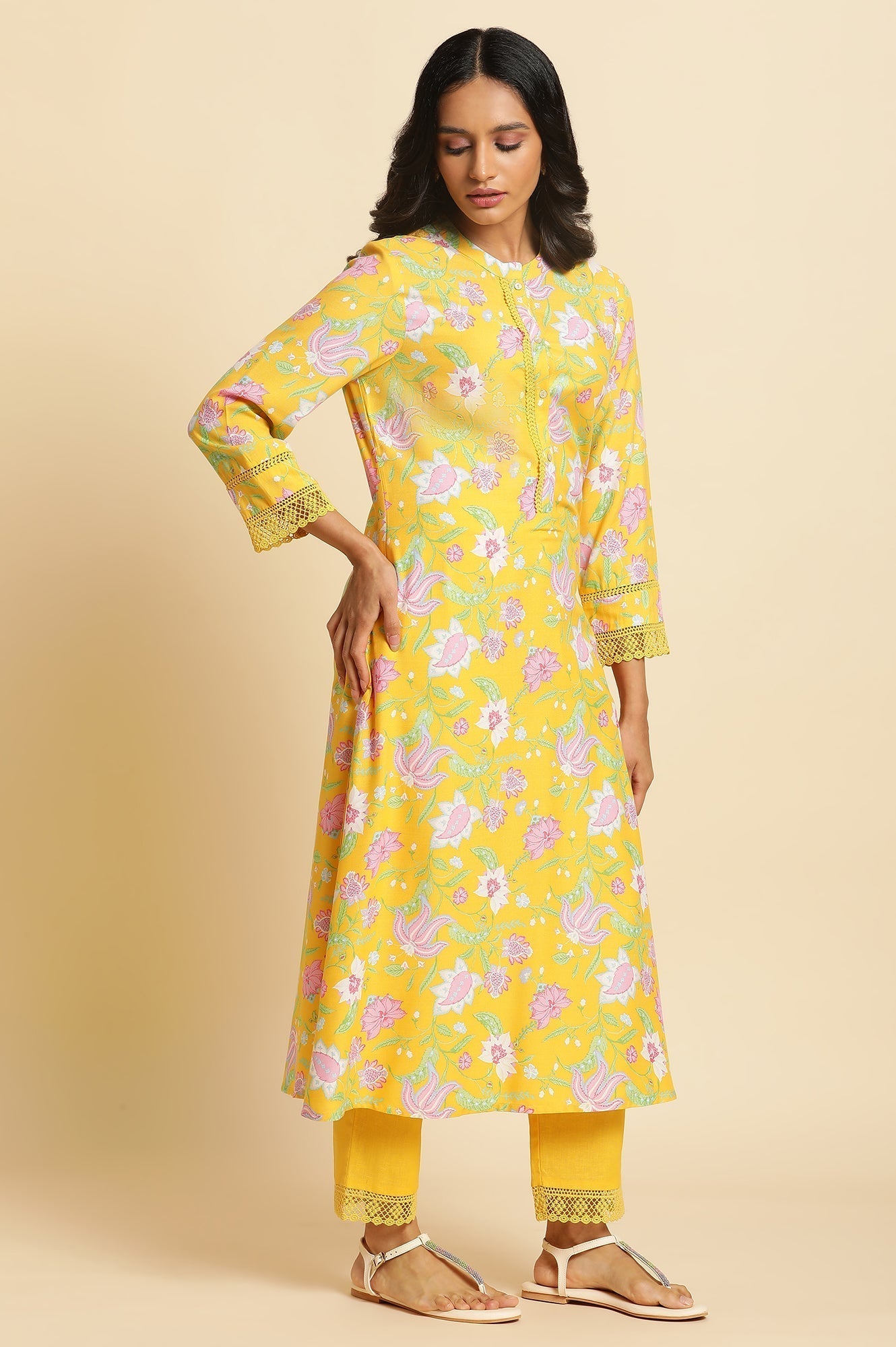 W for Woman Bright Yellow Floral Printed Kurta & Pants Set