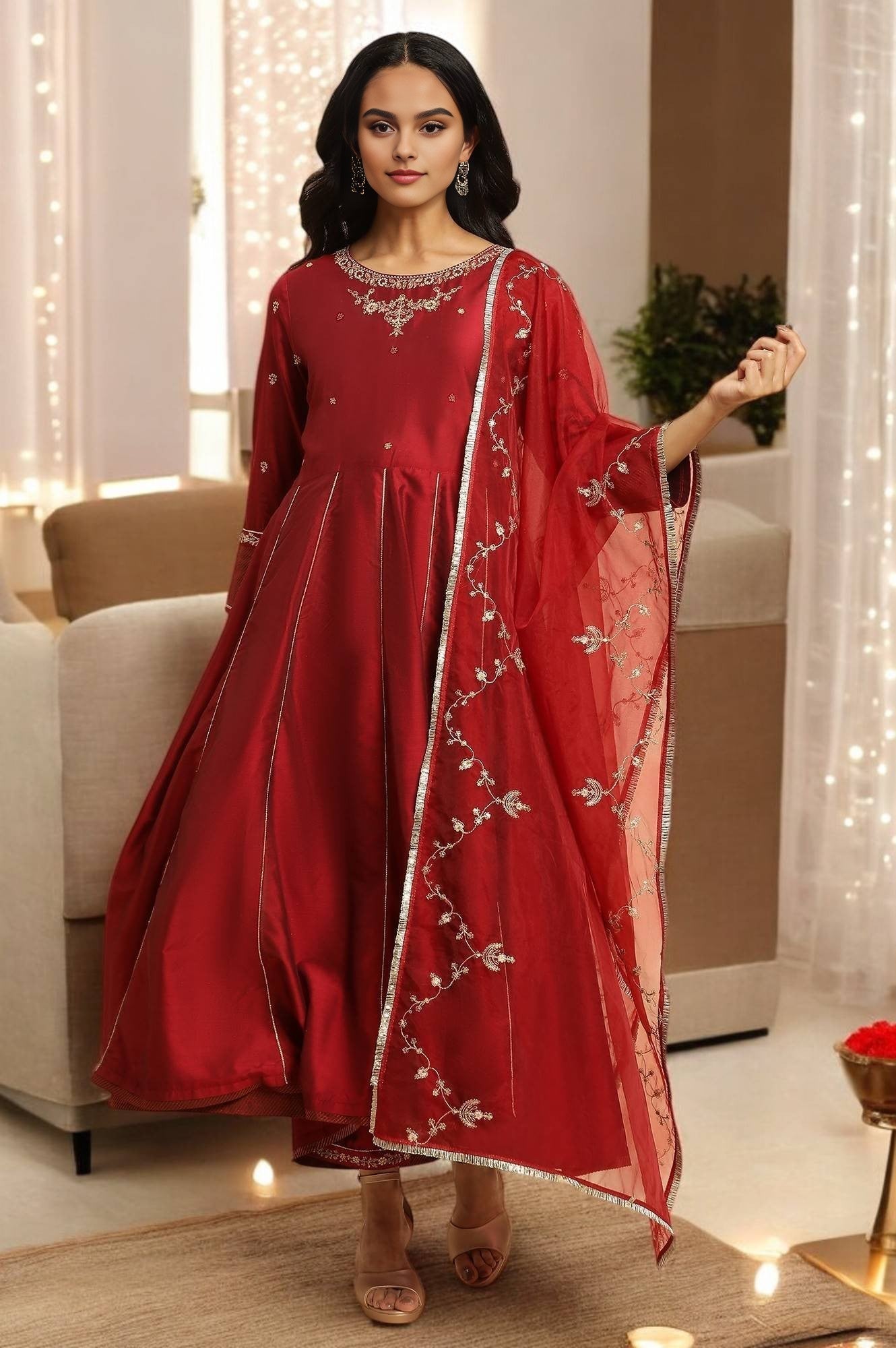W for Woman Dark Red Zari Embroidered Festive Kurta, Pant And Dupatta Set