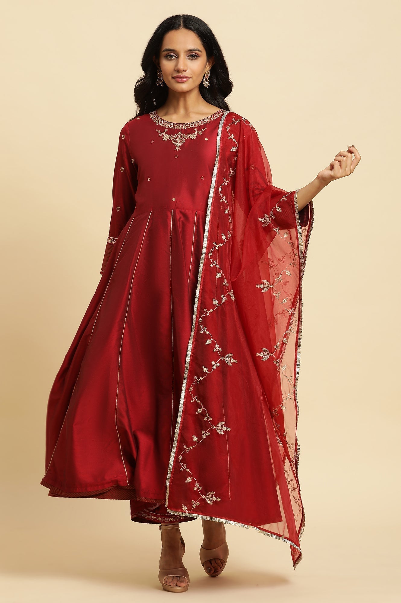 W for Woman Dark Red Zari Embroidered Festive Kurta, Pant And Dupatta Set