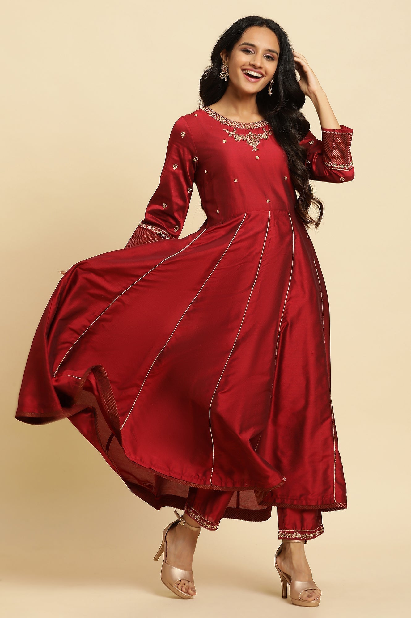 W for Woman Dark Red Zari Embroidered Festive Kurta, Pant And Dupatta Set