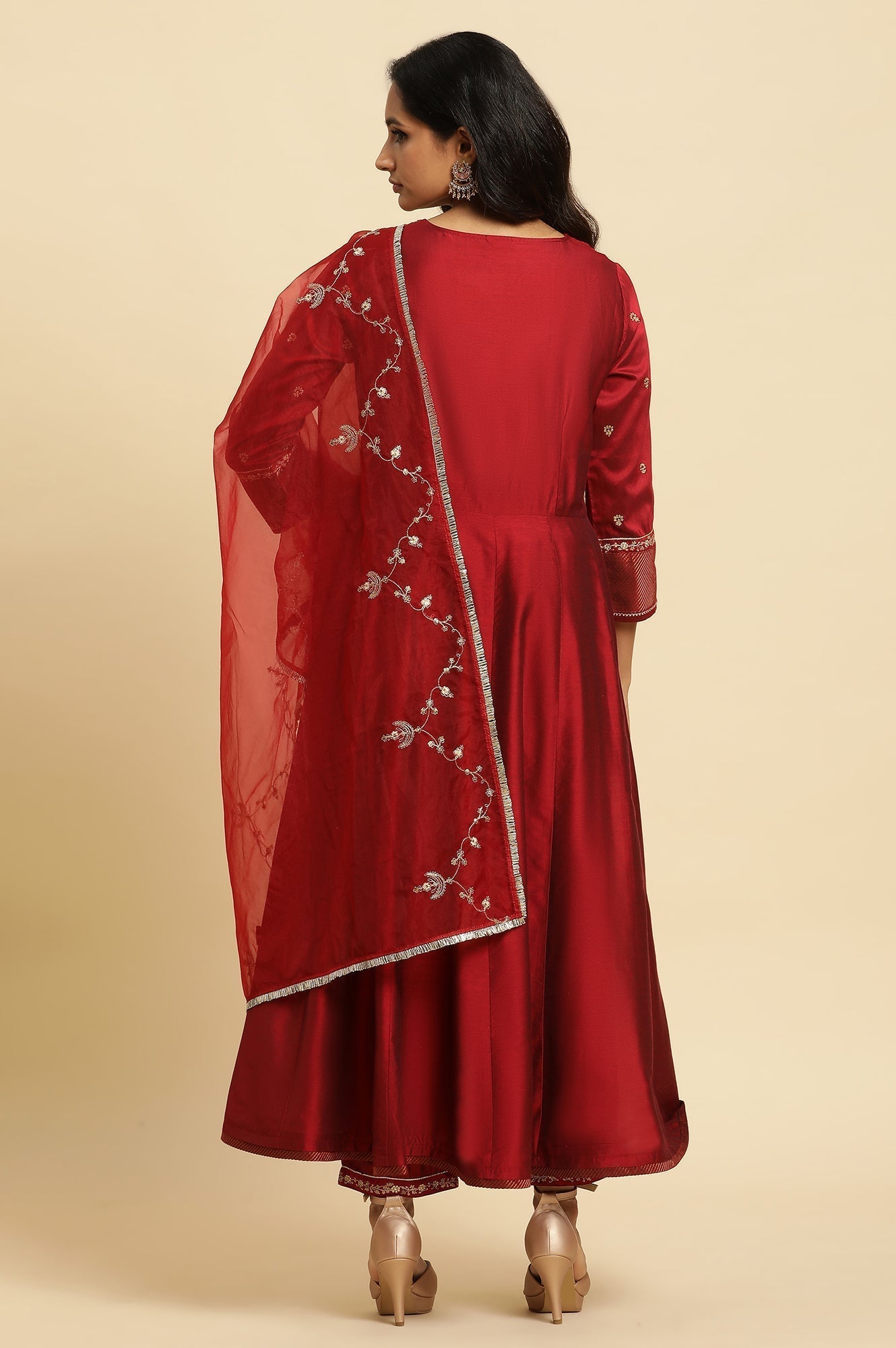 W for Woman Dark Red Zari Embroidered Festive Kurta, Pant And Dupatta Set
