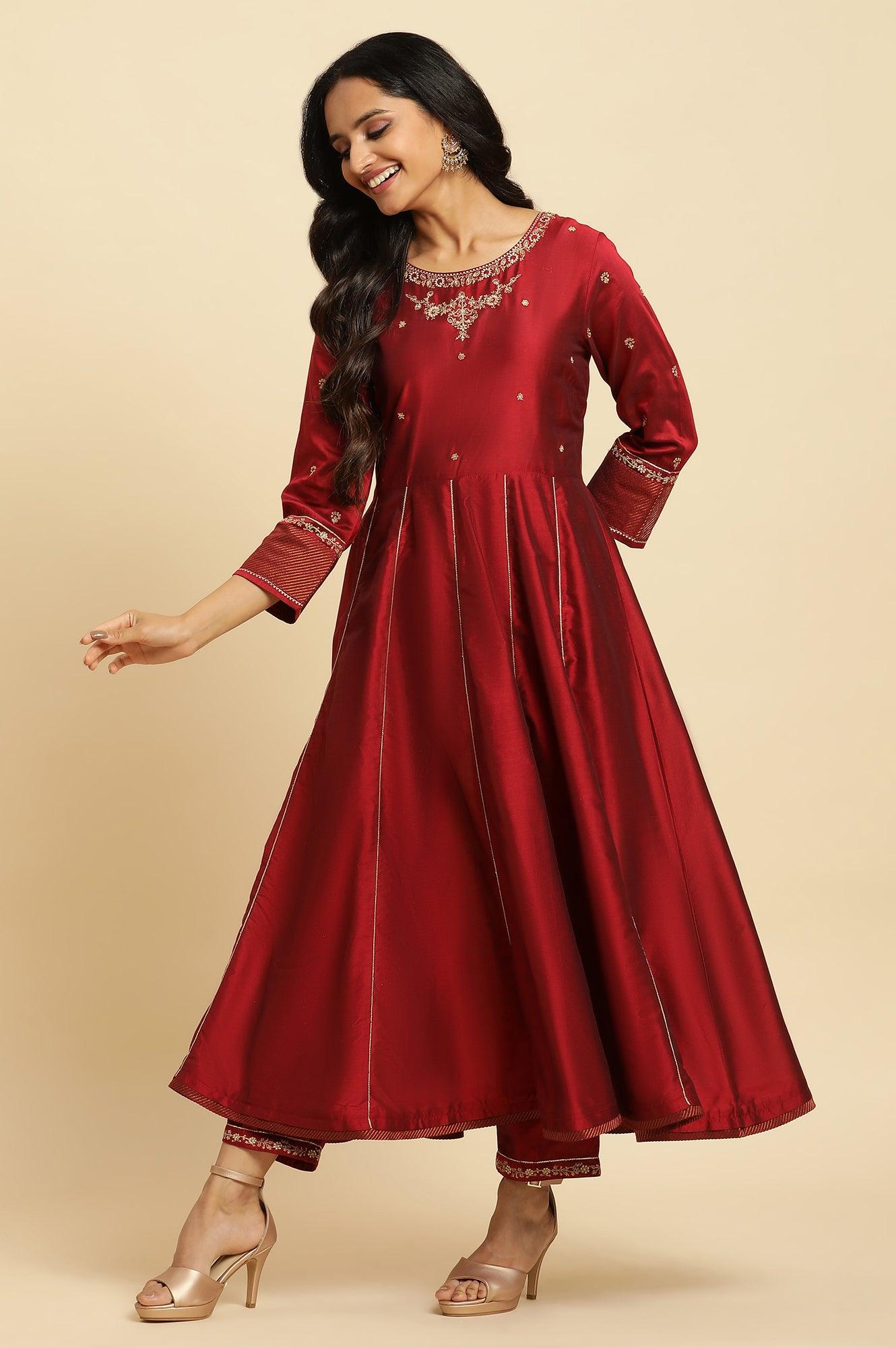W for Woman Dark Red Zari Embroidered Festive Kurta, Pant And Dupatta Set