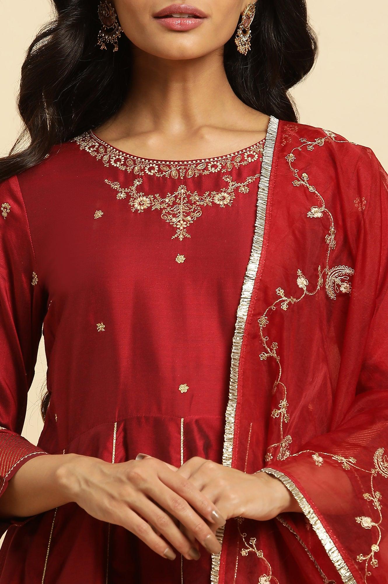 W for Woman Dark Red Zari Embroidered Festive Kurta, Pant And Dupatta Set