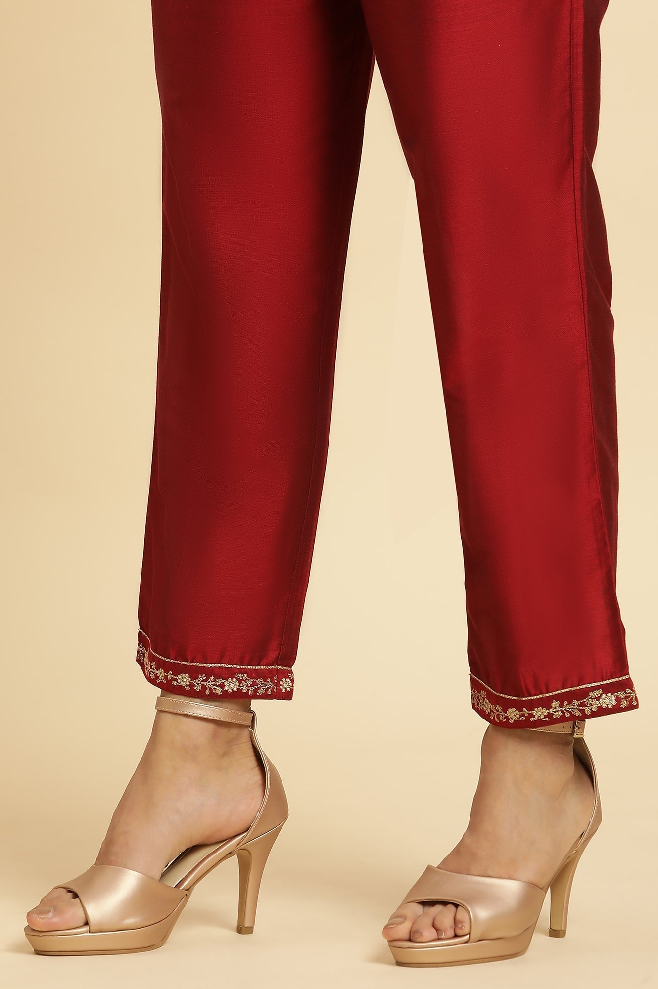 W for Woman Dark Red Zari Embroidered Festive Kurta, Pant And Dupatta Set
