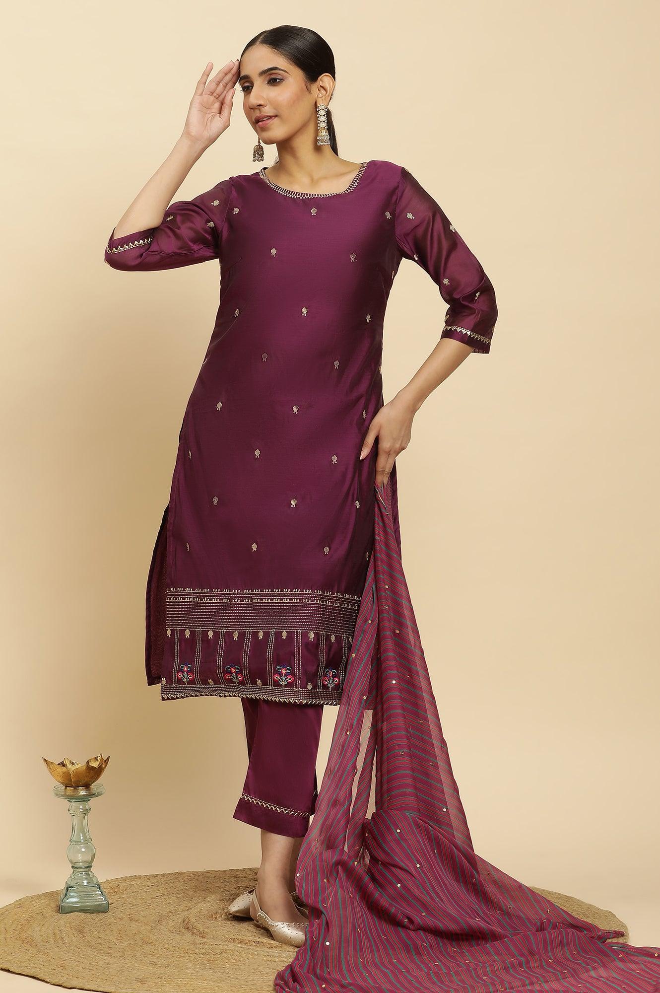 W for Woman Purple Metallic Embroidered Kurta, Pants And Dupatta Set