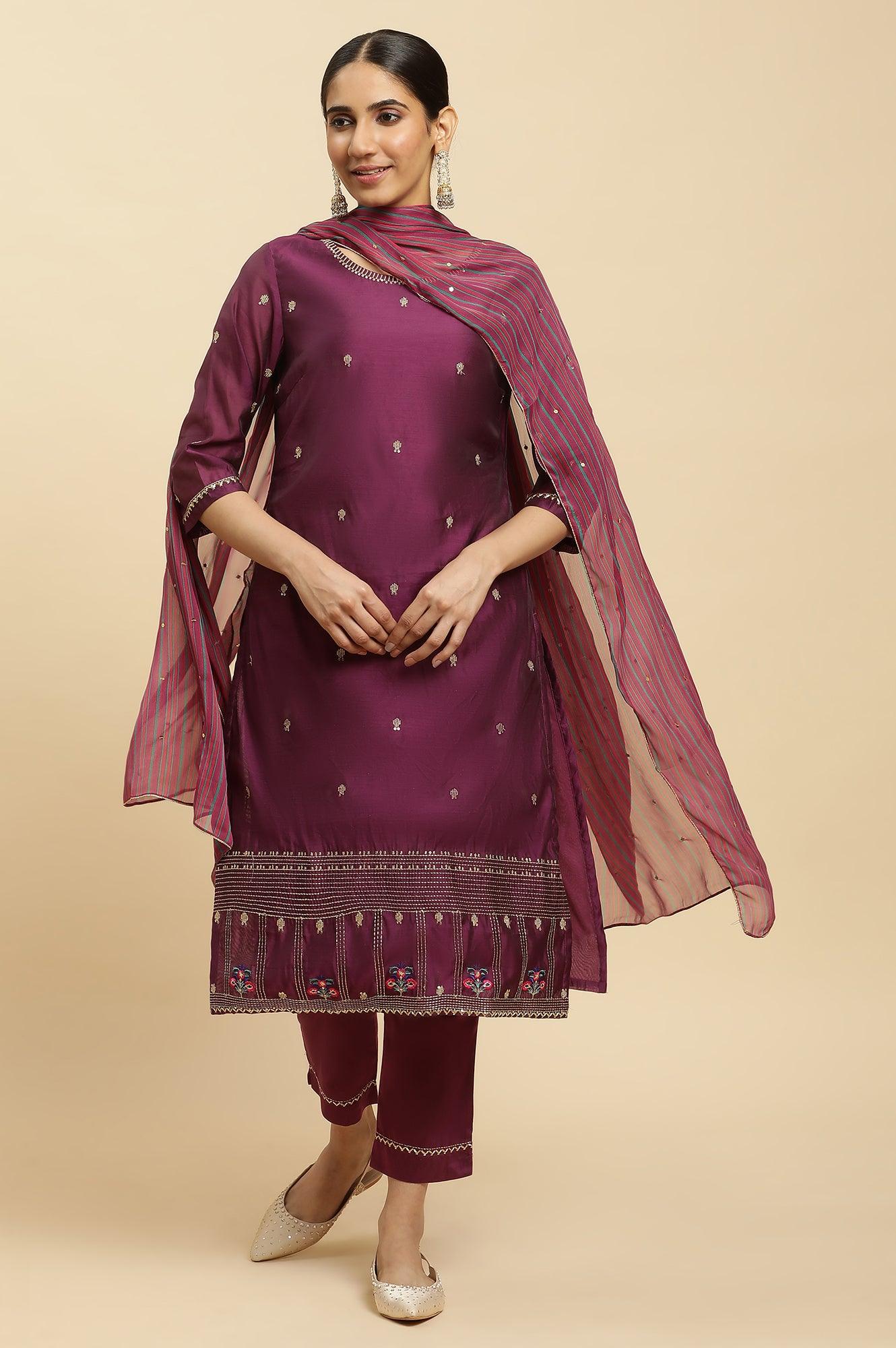 W for Woman Purple Metallic Embroidered Kurta, Pants And Dupatta Set