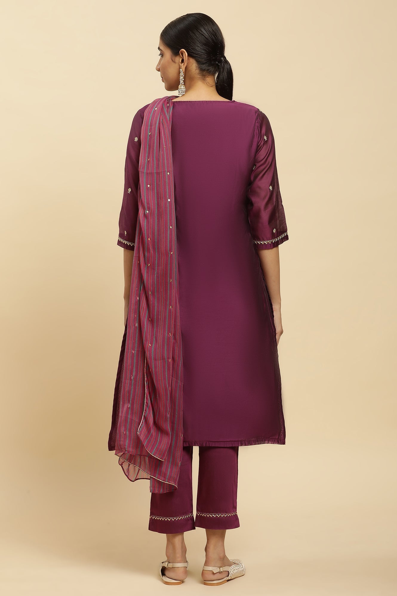 W for Woman Purple Metallic Embroidered Kurta, Pants And Dupatta Set