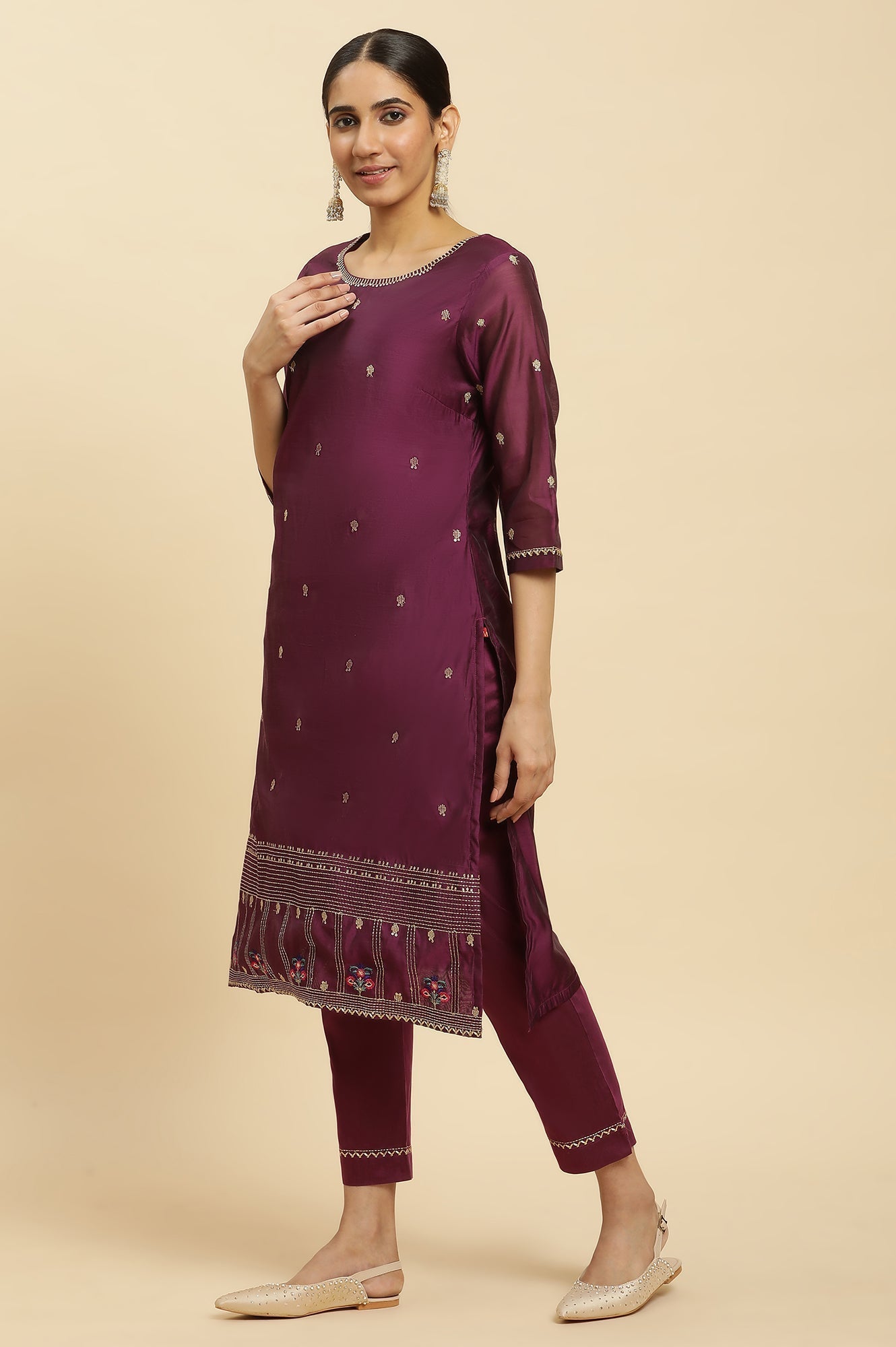 W for Woman Purple Metallic Embroidered Kurta, Pants And Dupatta Set