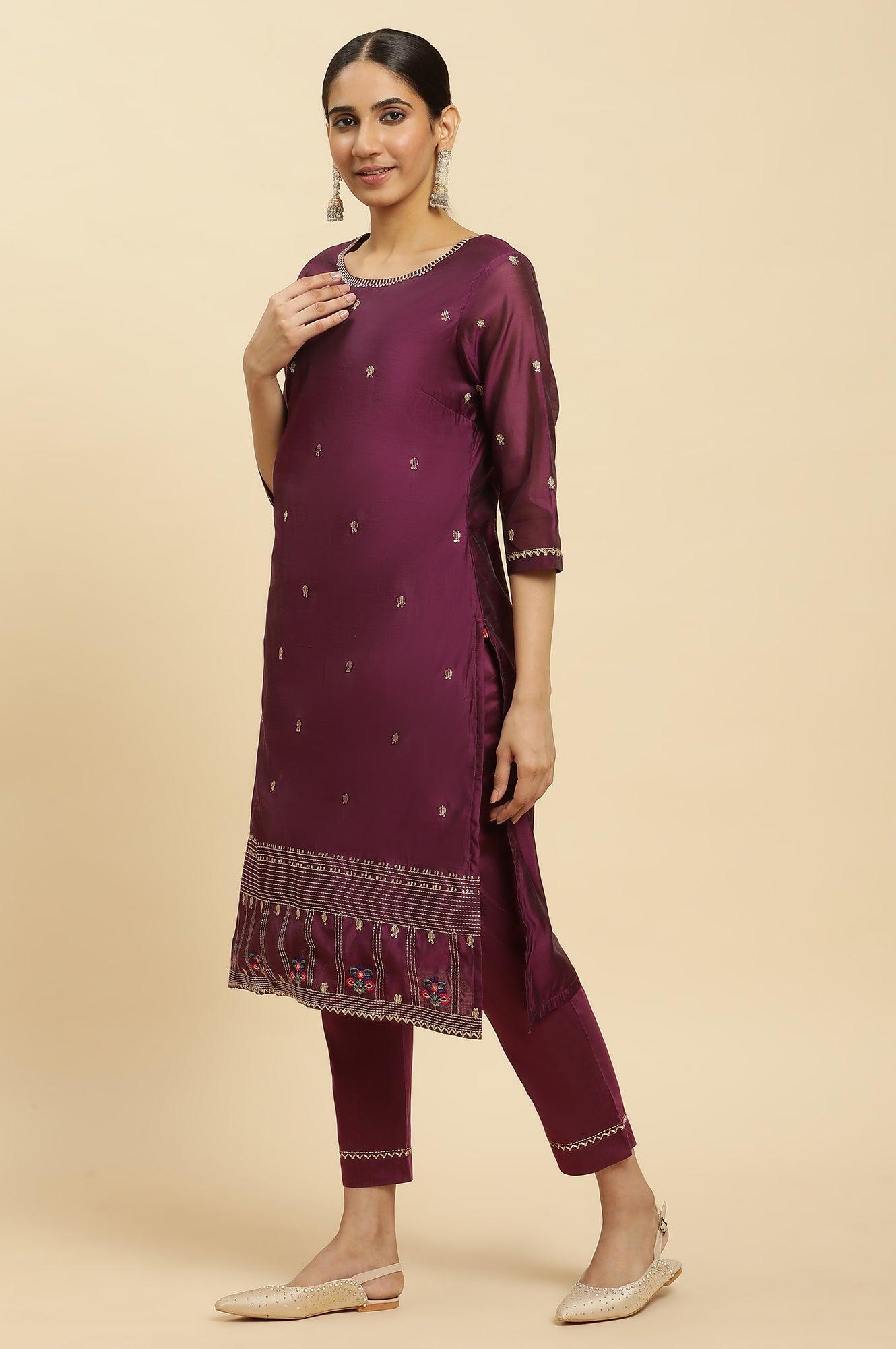 W for Woman Purple Metallic Embroidered Kurta, Pants And Dupatta Set