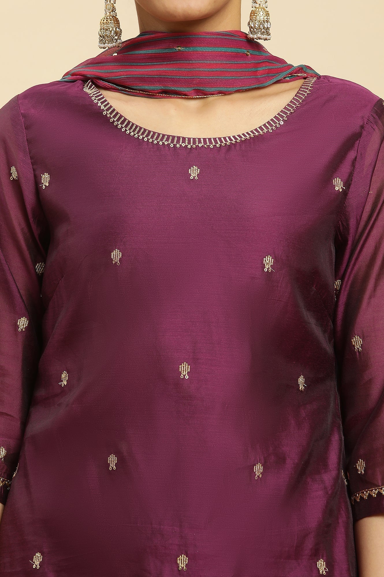 W for Woman Purple Metallic Embroidered Kurta, Pants And Dupatta Set