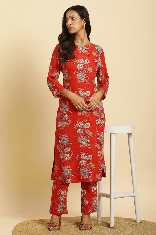 W for Woman Red Floral Printed Straight Kurta And Straight Pants Co-Ord Set