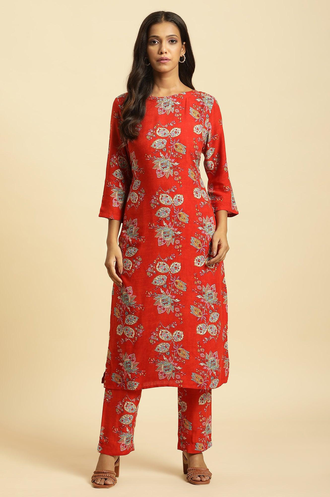 W for Woman Red Floral Printed Straight Kurta And Straight Pants Co-Ord Set