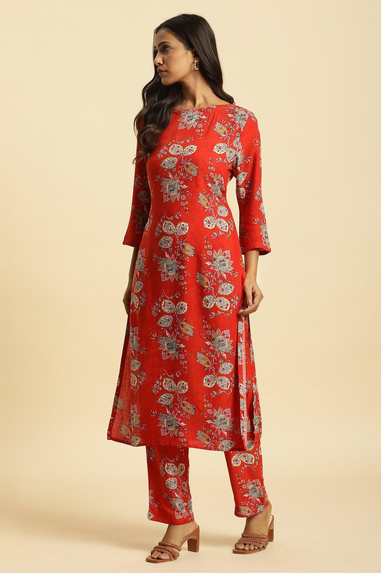 W for Woman Red Floral Printed Straight Kurta And Straight Pants Co-Ord Set