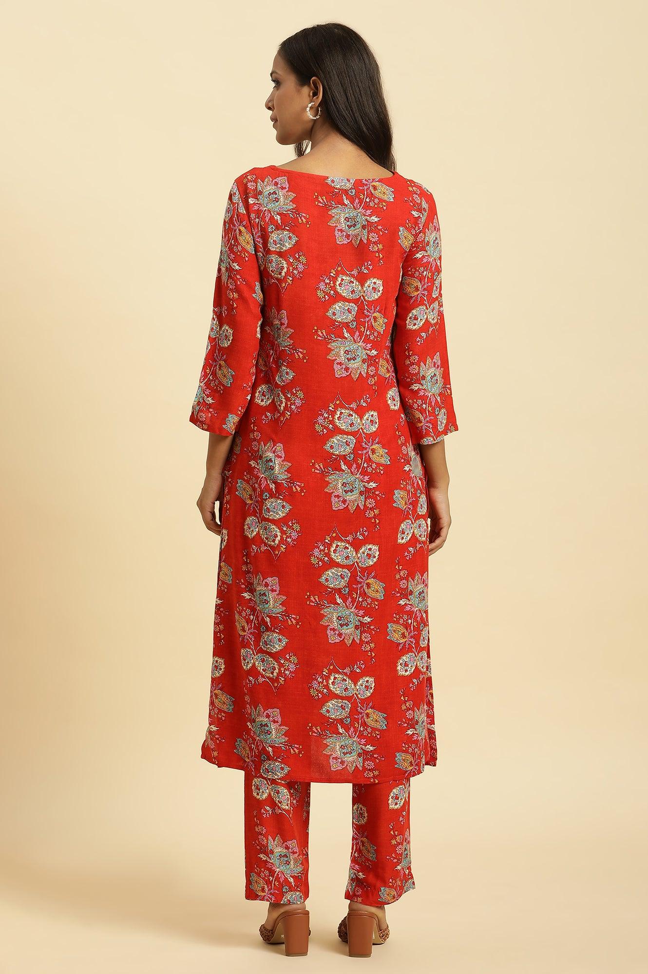 W for Woman Red Floral Printed Straight Kurta And Straight Pants Co-Ord Set