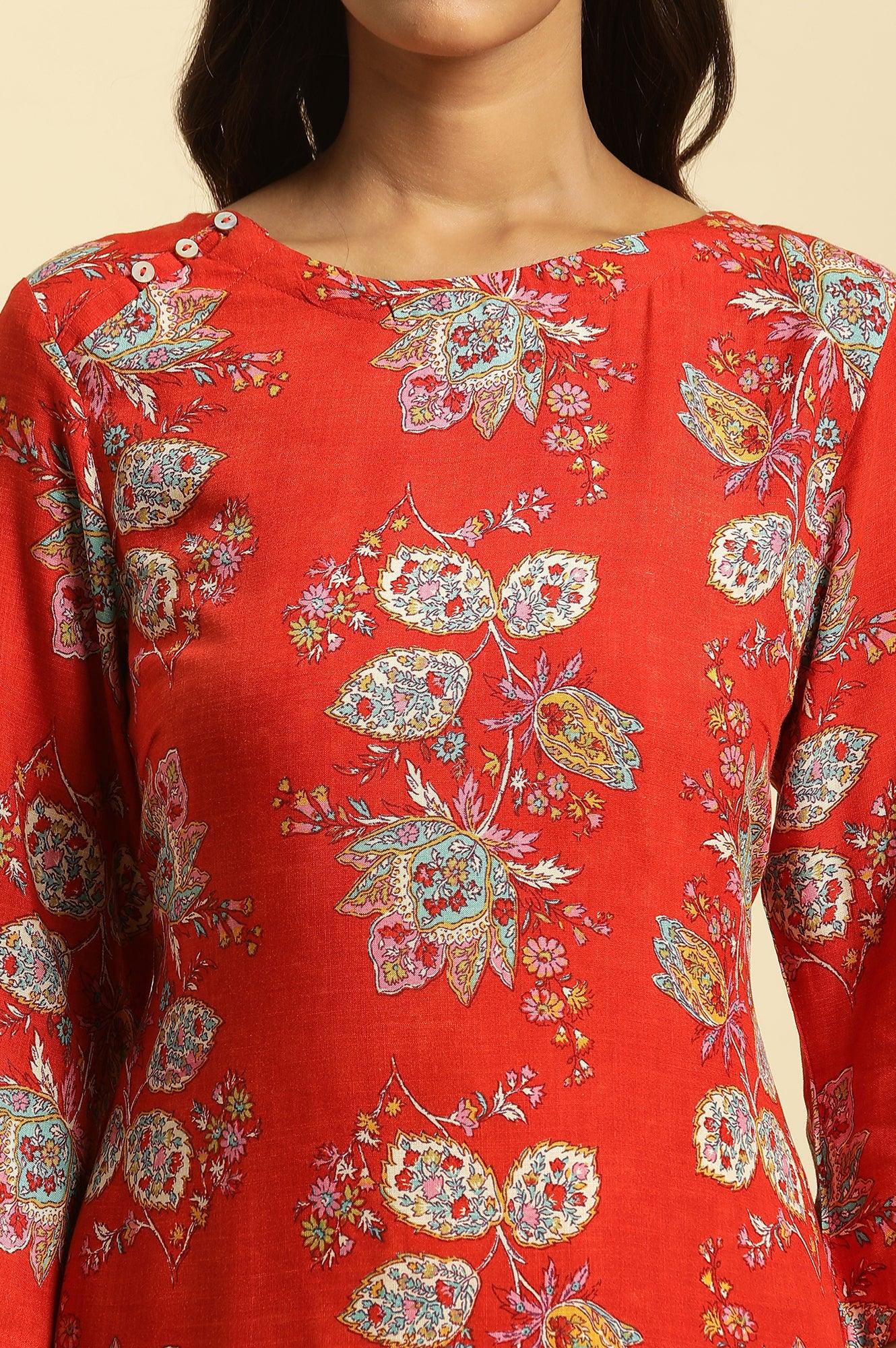 W for Woman Red Floral Printed Straight Kurta And Straight Pants Co-Ord Set