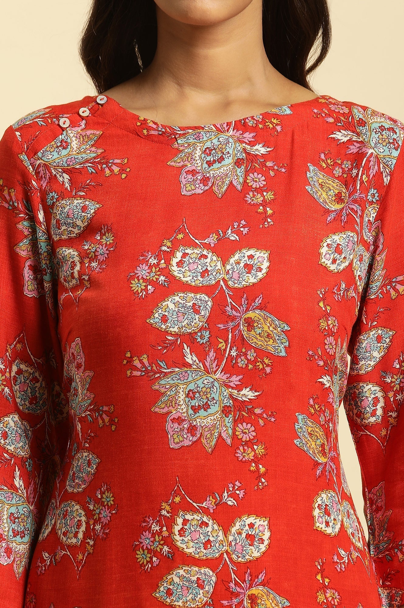 W for Woman Red Floral Printed Straight Kurta And Straight Pants Co-Ord Set