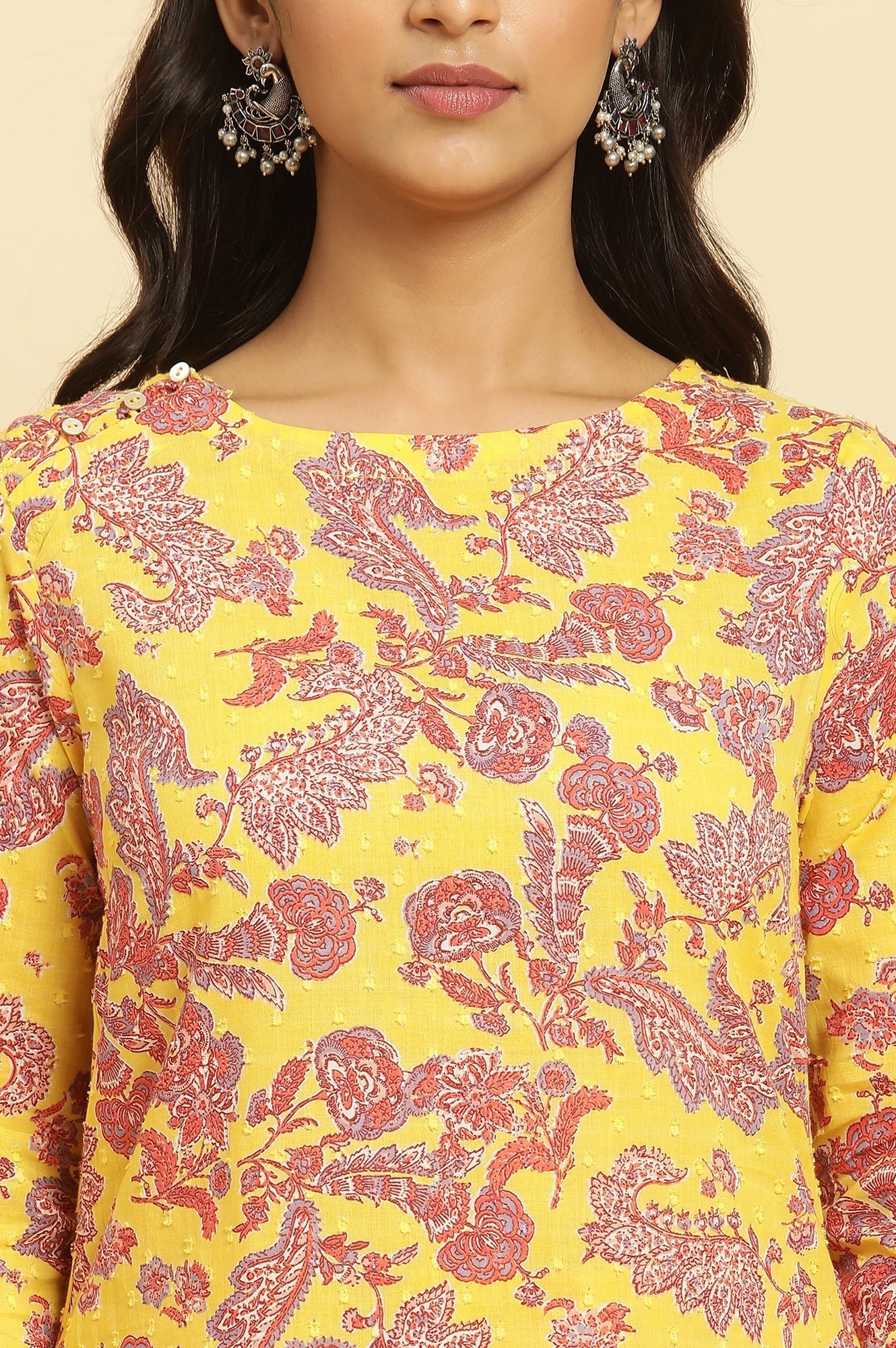 W for Woman Yellow Floral Printed Cotton Kurta And Pants Co-Ord Set