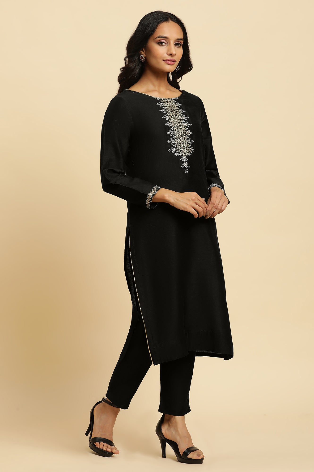 W for Woman Black Zari Embroidered Straight Kurta, Pant And Dupatta Set