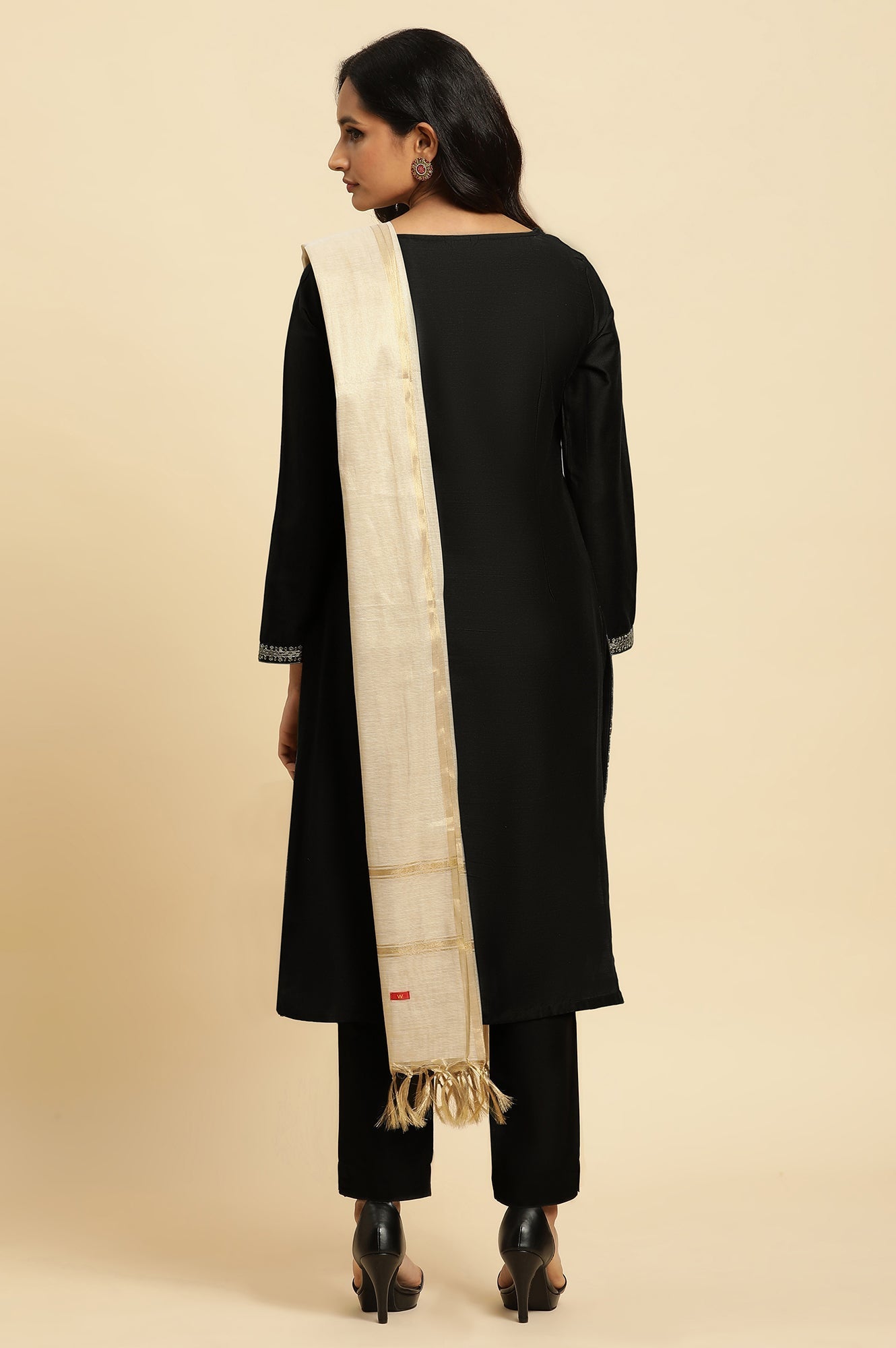 W for Woman Black Zari Embroidered Straight Kurta, Pant And Dupatta Set