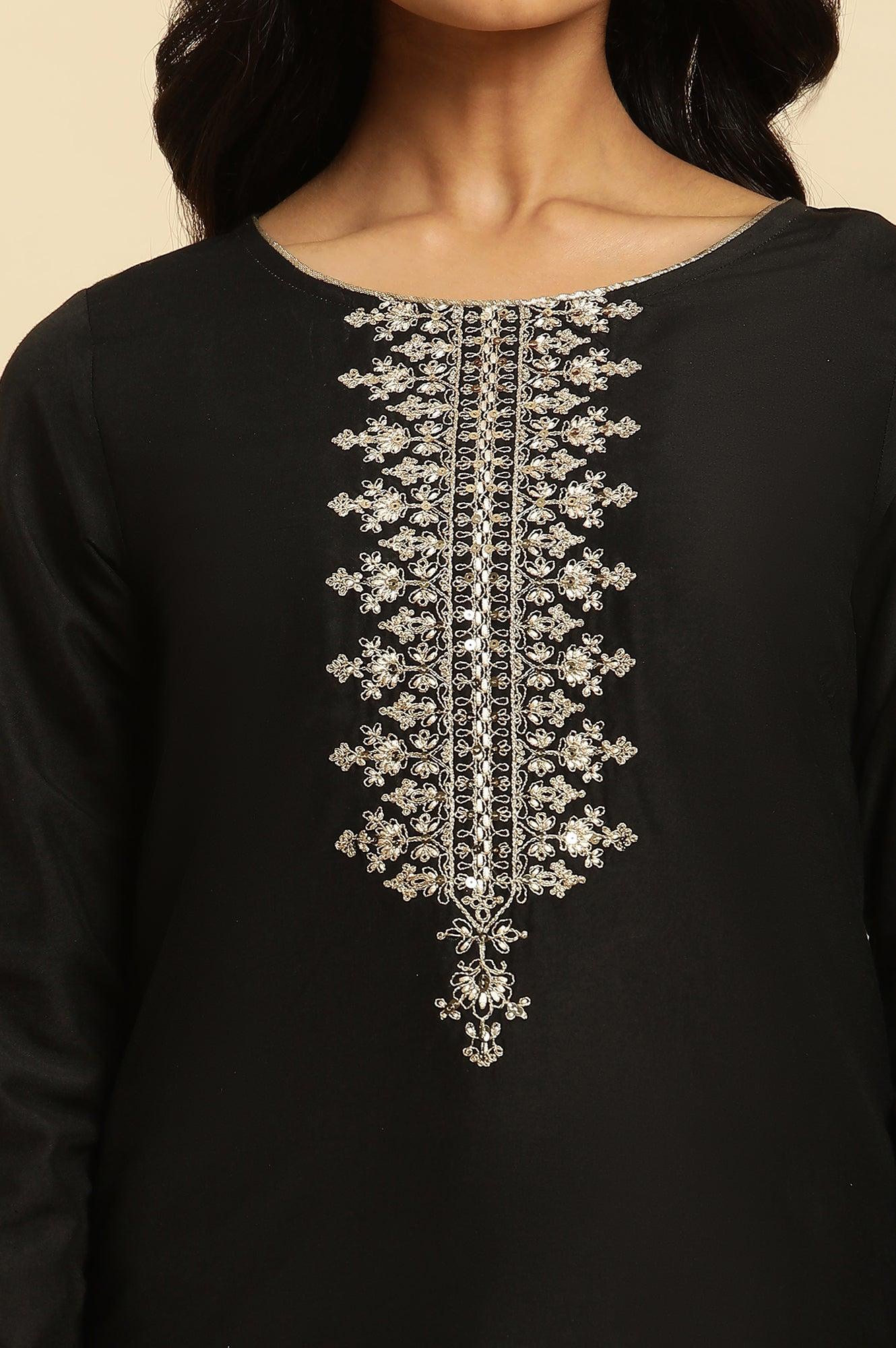 W for Woman Black Zari Embroidered Straight Kurta, Pant And Dupatta Set