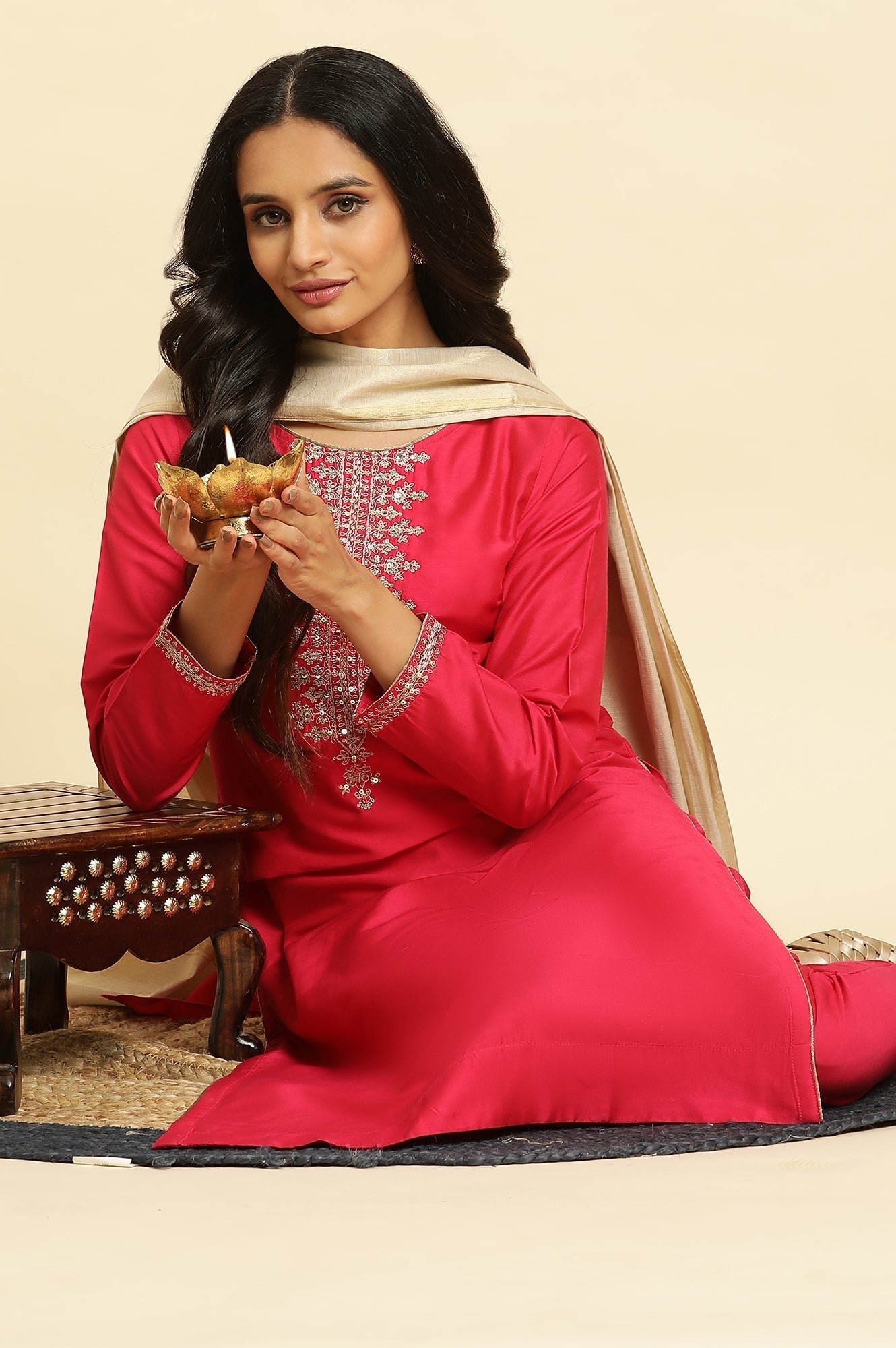 W for Woman Pink Zari Embroidered Straight Kurta, Pant And Dupatta Set