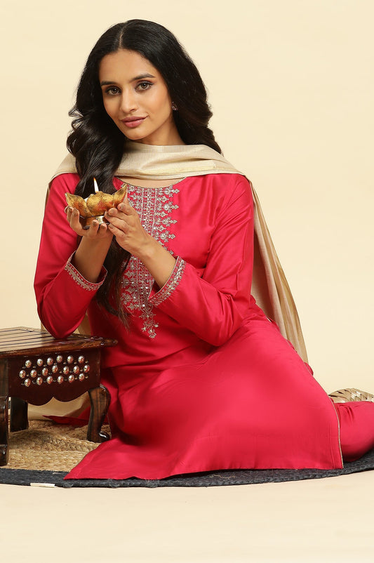 W for Woman Pink Zari Embroidered Straight Kurta, Pant And Dupatta Set
