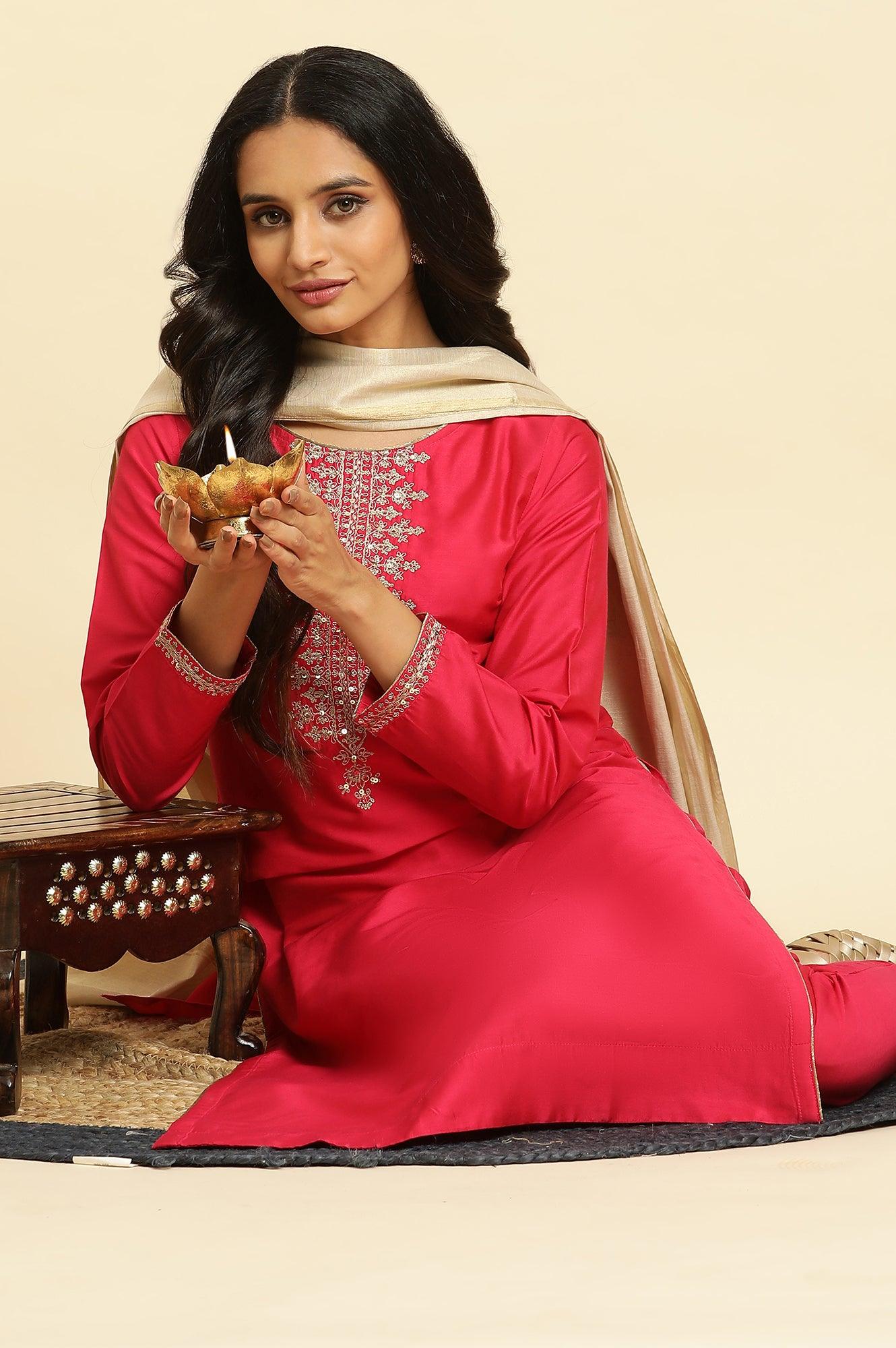 W for Woman Pink Zari Embroidered Straight Kurta, Pant And Dupatta Set