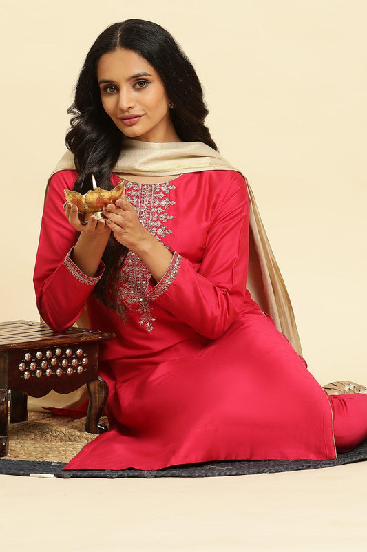 W for Woman Pink Zari Embroidered Straight Kurta, Pant And Dupatta Set