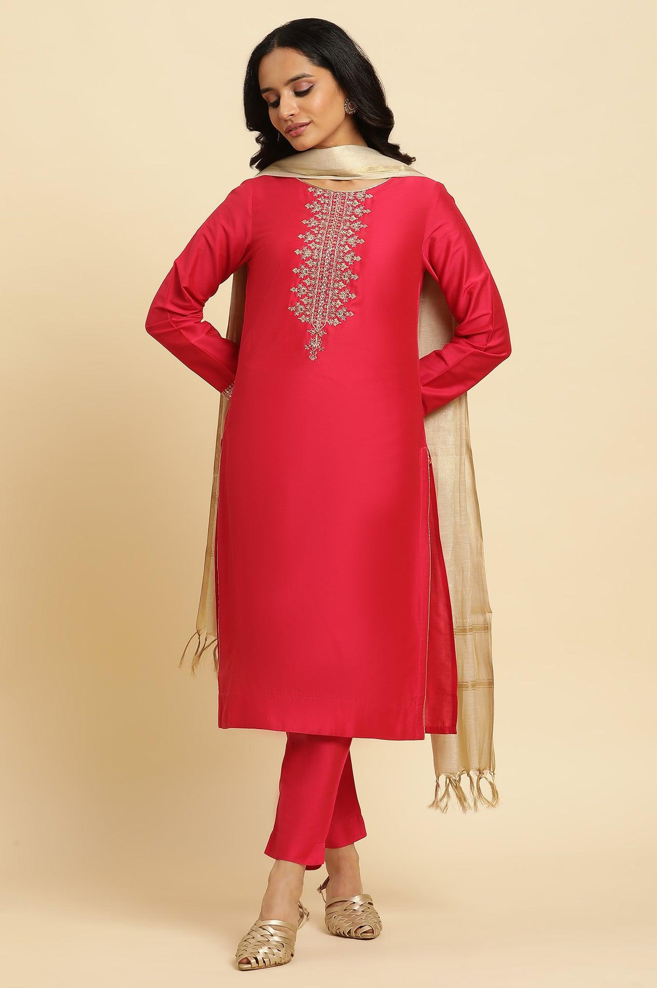 W for Woman Pink Zari Embroidered Straight Kurta, Pant And Dupatta Set