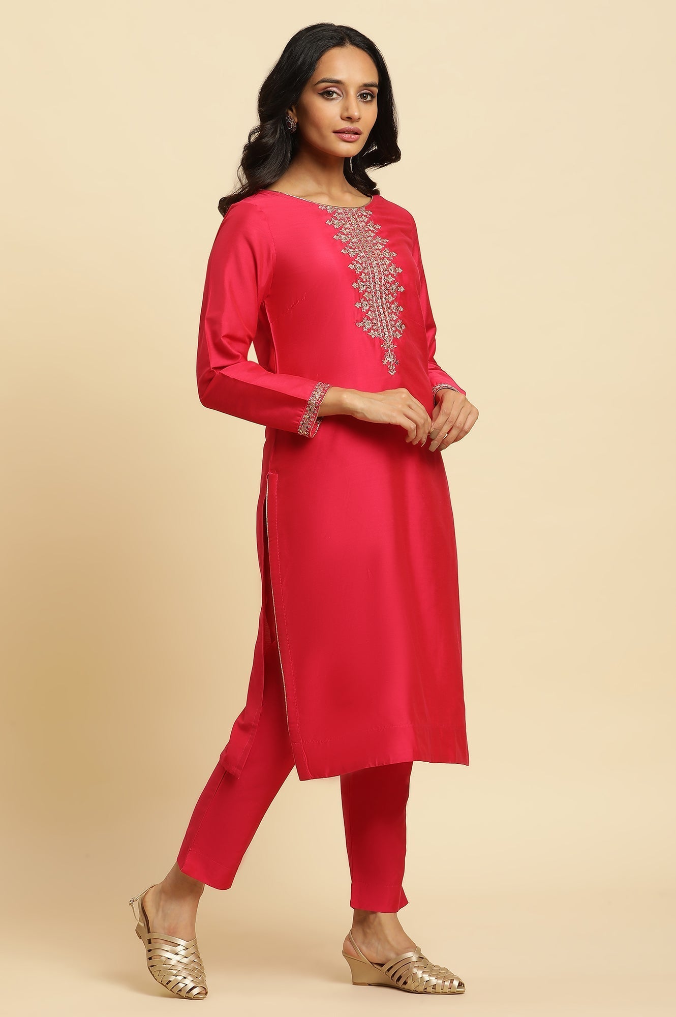 W for Woman Pink Zari Embroidered Straight Kurta, Pant And Dupatta Set