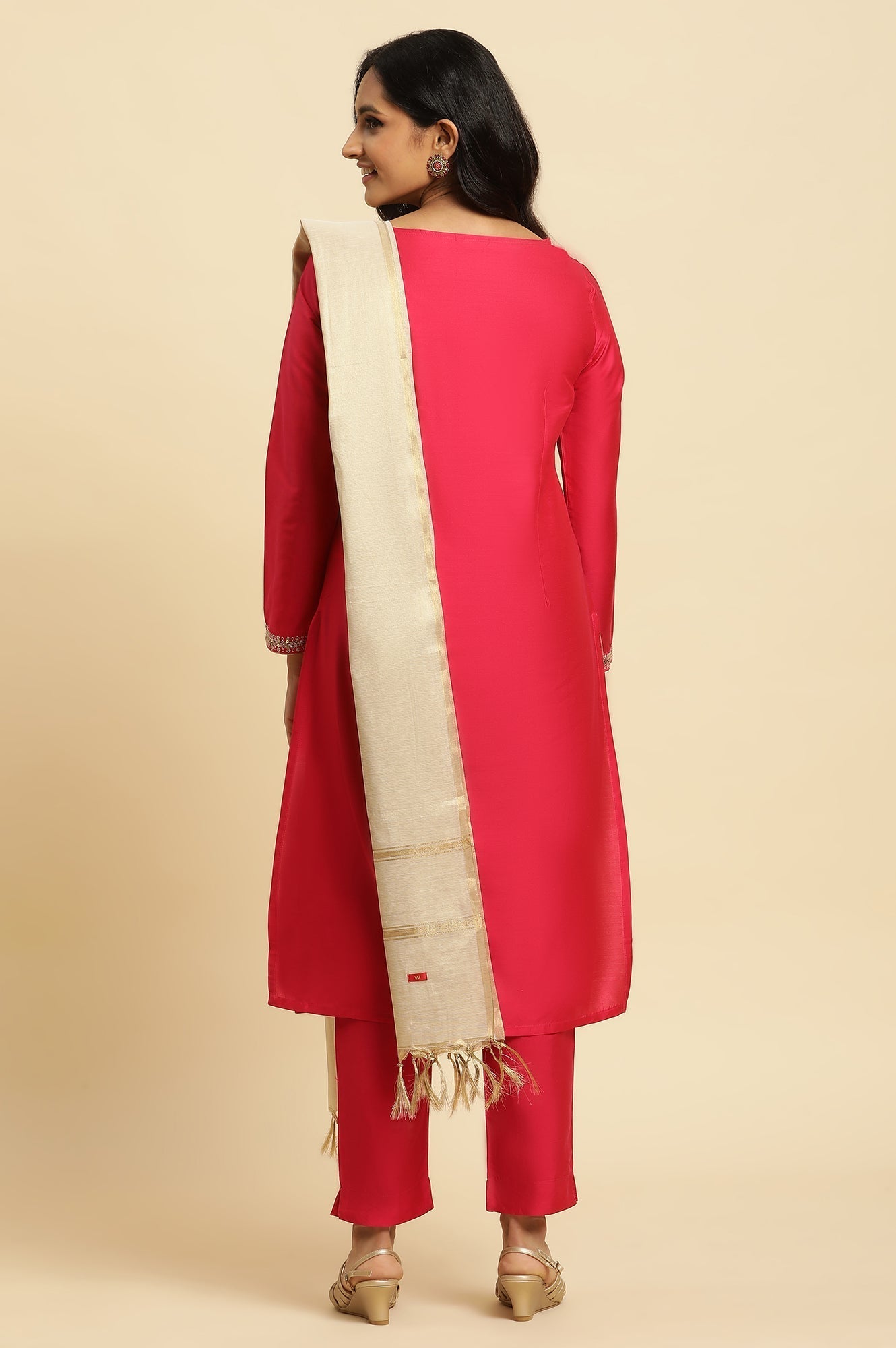 W for Woman Pink Zari Embroidered Straight Kurta, Pant And Dupatta Set