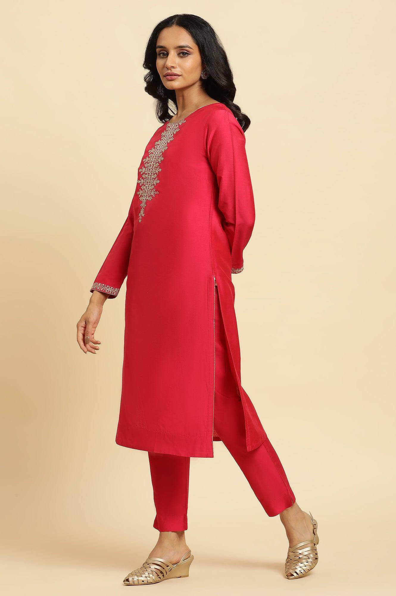 W for Woman Pink Zari Embroidered Straight Kurta, Pant And Dupatta Set