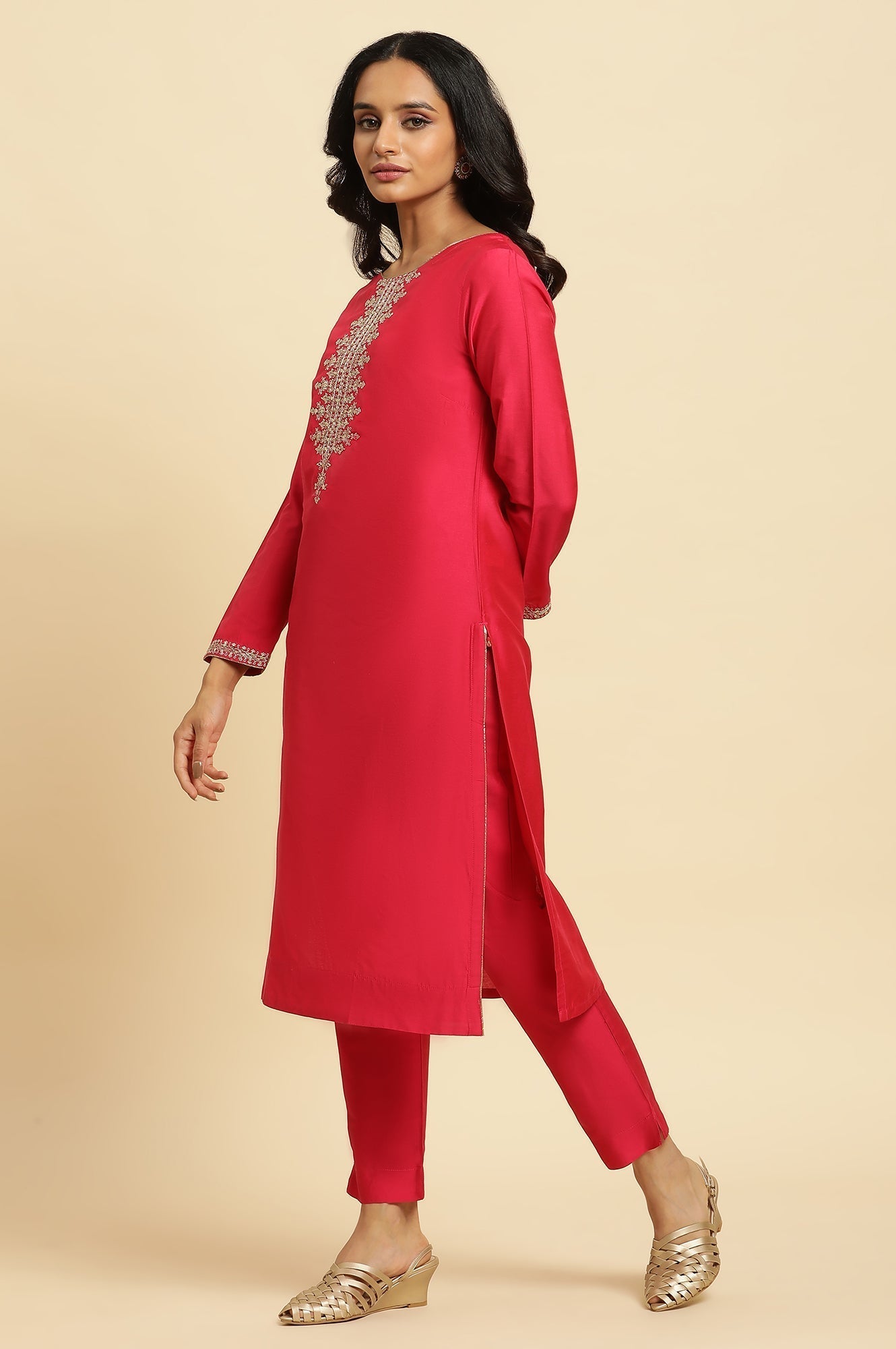 W for Woman Pink Zari Embroidered Straight Kurta, Pant And Dupatta Set