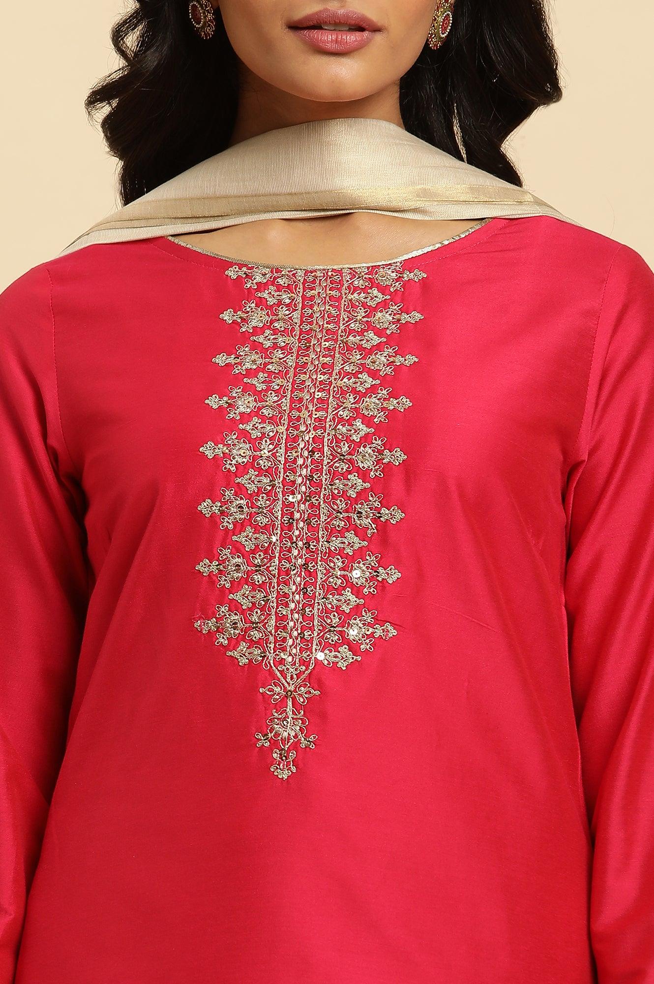 W for Woman Pink Zari Embroidered Straight Kurta, Pant And Dupatta Set