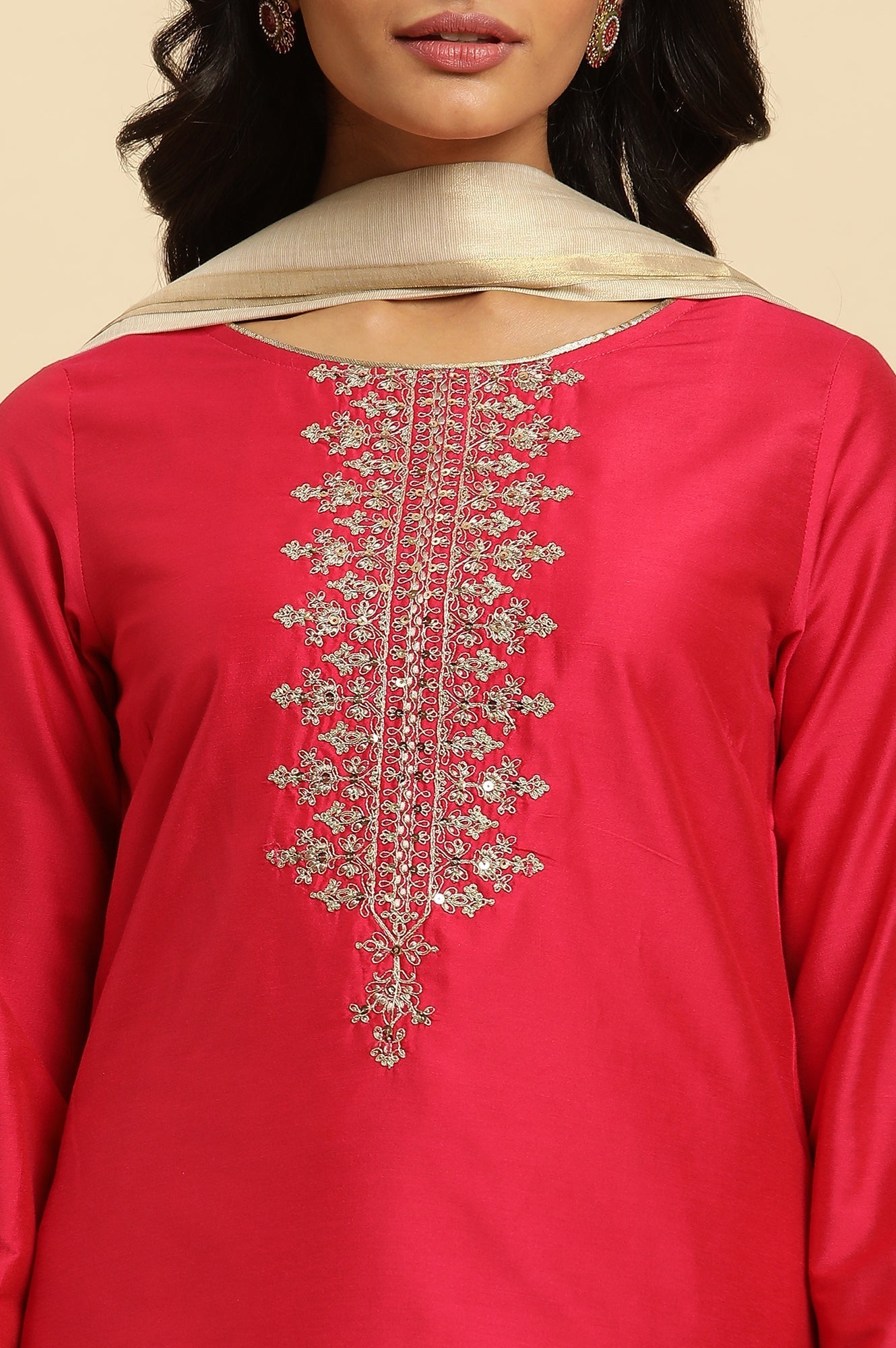 W for Woman Pink Zari Embroidered Straight Kurta, Pant And Dupatta Set