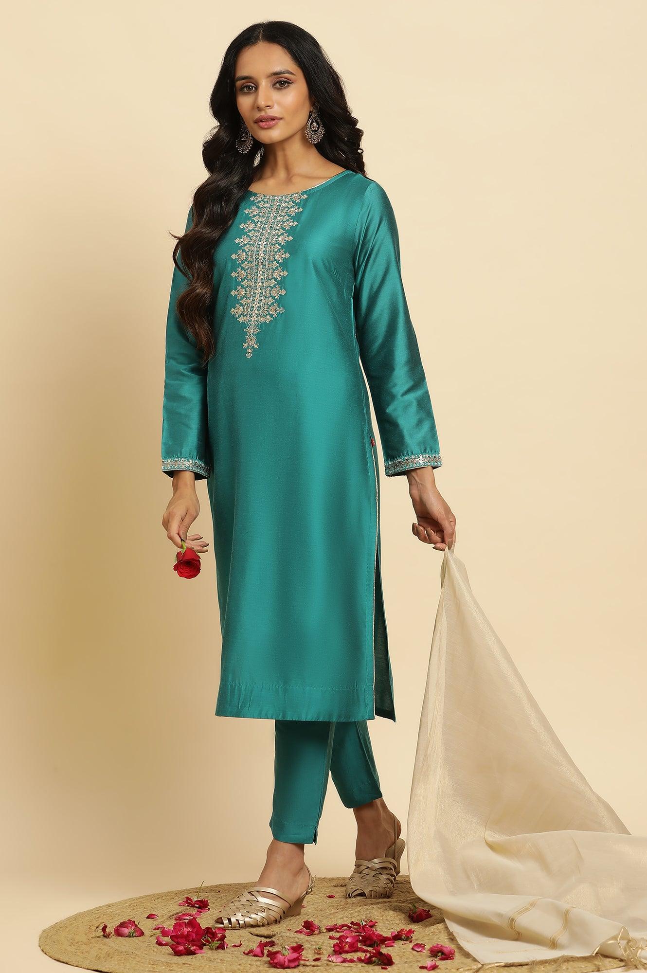 W for Woman Teal Blue Zari Embroidered Straight Kurta, Pant And Dupatta Set