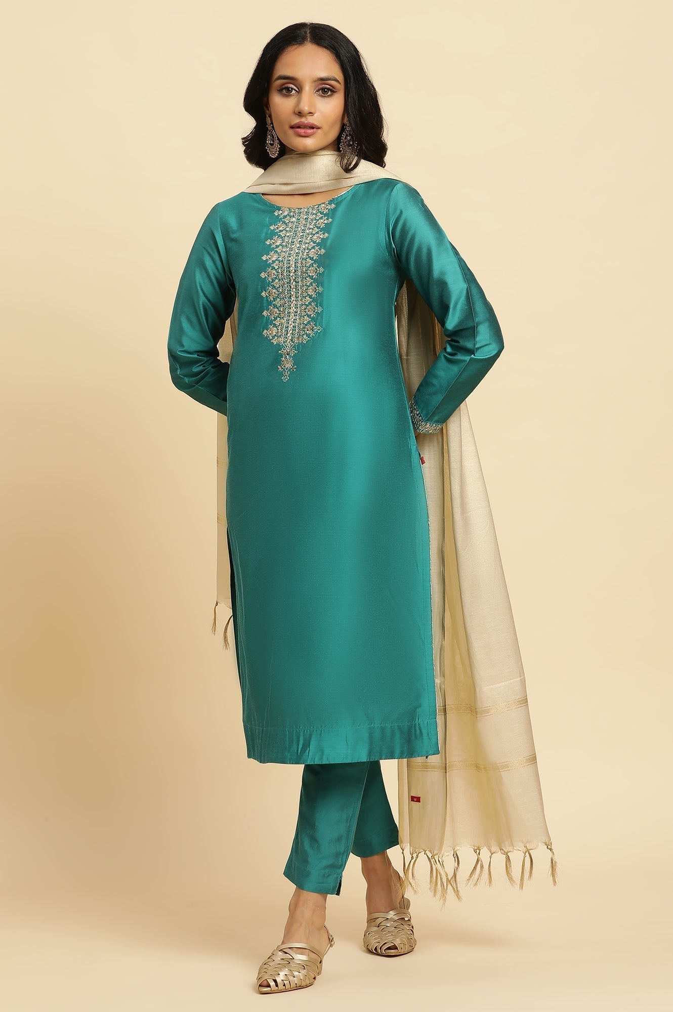 W for Woman Teal Blue Zari Embroidered Straight Kurta, Pant And Dupatta Set