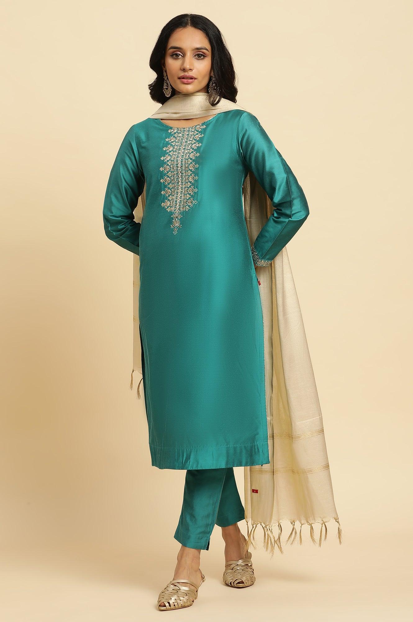 W for Woman Teal Blue Zari Embroidered Straight Kurta, Pant And Dupatta Set
