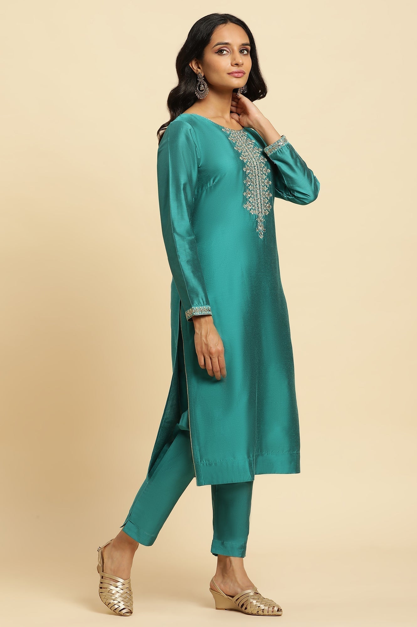 W for Woman Teal Blue Zari Embroidered Straight Kurta, Pant And Dupatta Set