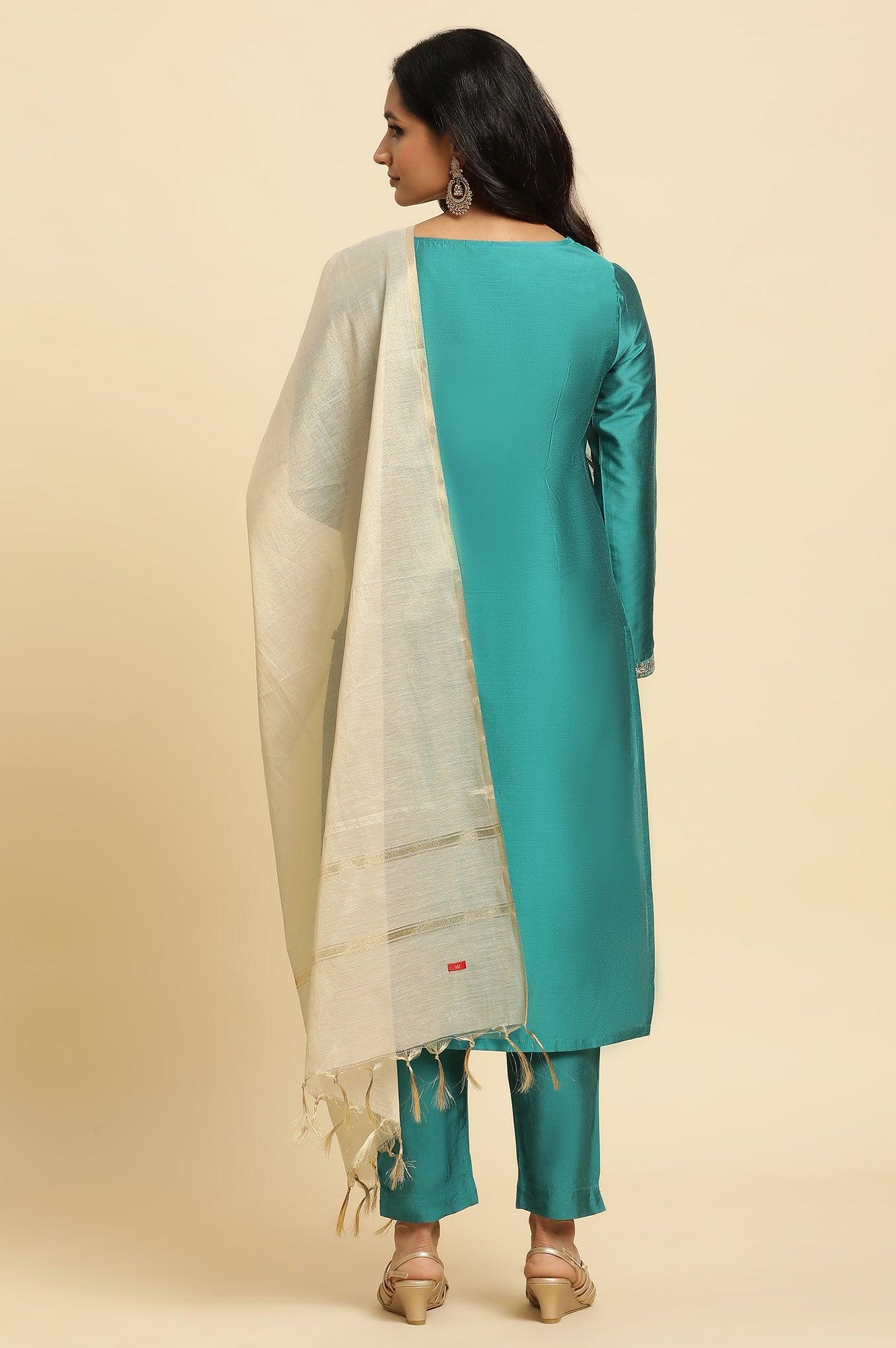 W for Woman Teal Blue Zari Embroidered Straight Kurta, Pant And Dupatta Set