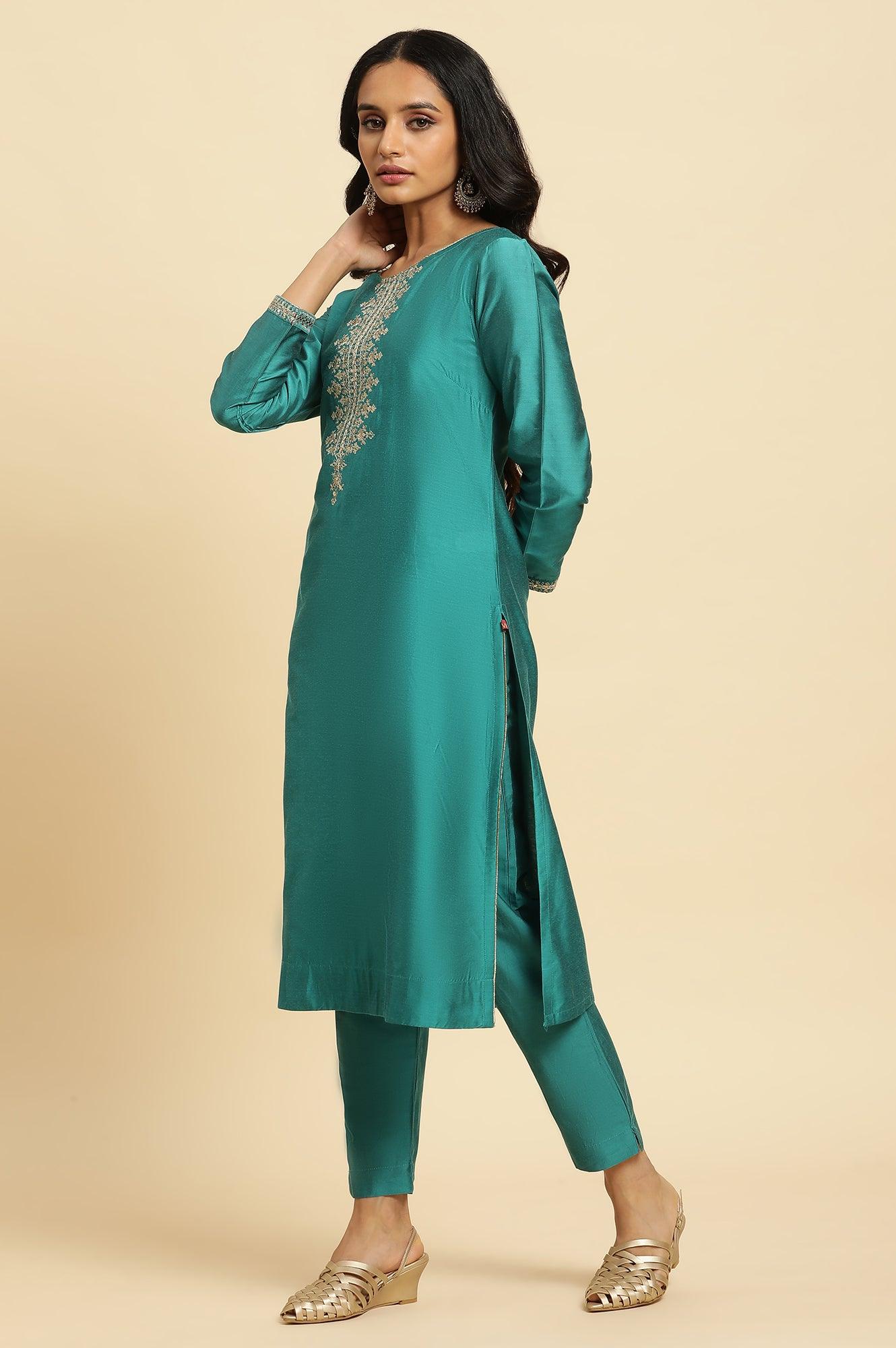 W for Woman Teal Blue Zari Embroidered Straight Kurta, Pant And Dupatta Set